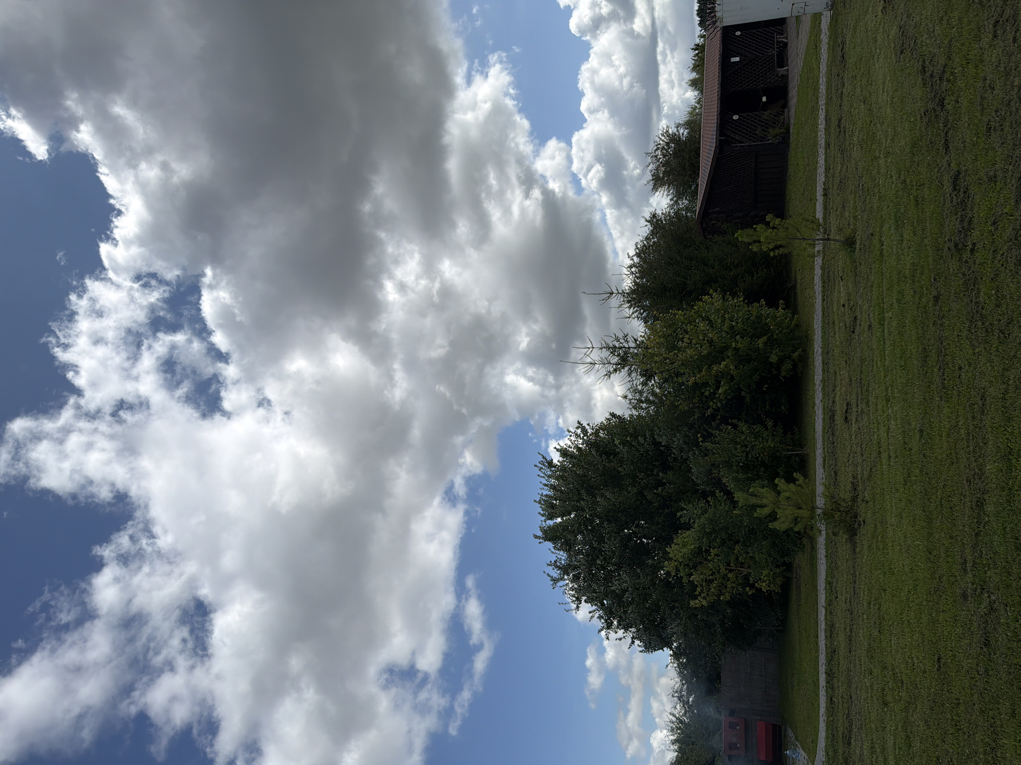 A low-angle, full shot captures a cloudy sky over a grassy area with a cluster of trees and a building in Konstantinovka, Russia. The sky is a mix of blue patches and large, billowing white and gray clouds. In the middle ground, a dense line of various green trees runs horizontally, with a small, recently planted pine sapling in front of them. To the right of the trees, a dark wooden building with a red-tiled roof is visible, featuring latticed walls and several open sections. A paved path runs in front of the trees and building. The foreground is a wide expanse of green grass, with some evidence of recent mowing. To the far left, a red structure, possibly part of a play area or seating, is partially visible behind some of the trees, with a trail of smoke rising from it. The overall scene appears to be an outdoor public space or park.