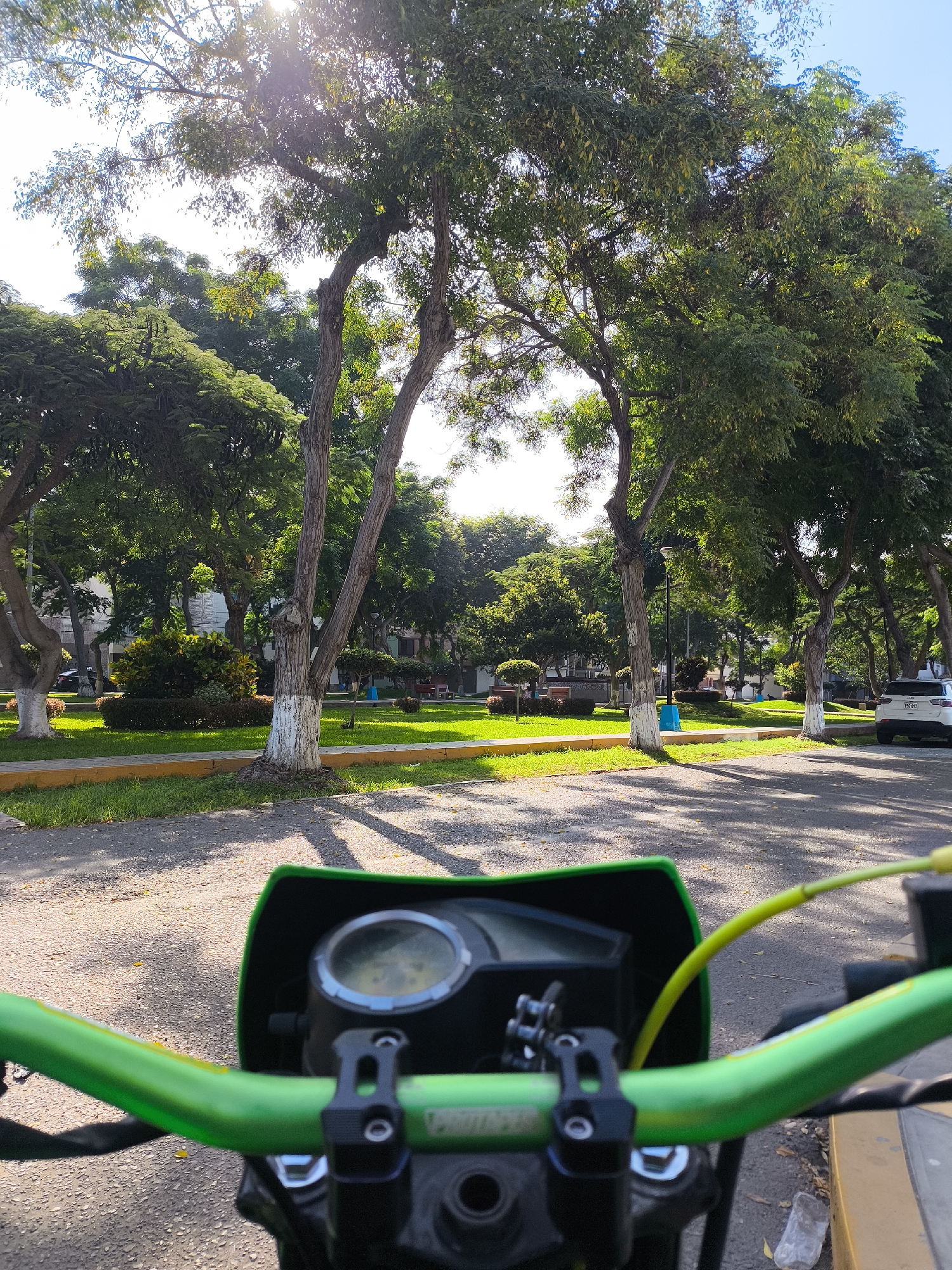 A sunny day at a park in Víctor Larco Herrera, Peru, as seen from the perspective of a motorcyclist. The park features trees with green foliage and white-painted lower trunks, meticulously maintained grass, and manicured shrubs. A parking area is visible with at least one white SUV. In the foreground, a green motorcycle handlebar and speedometer are in focus, indicating the viewpoint is from the motorcycle seat. The scene appears peaceful and well-maintained.