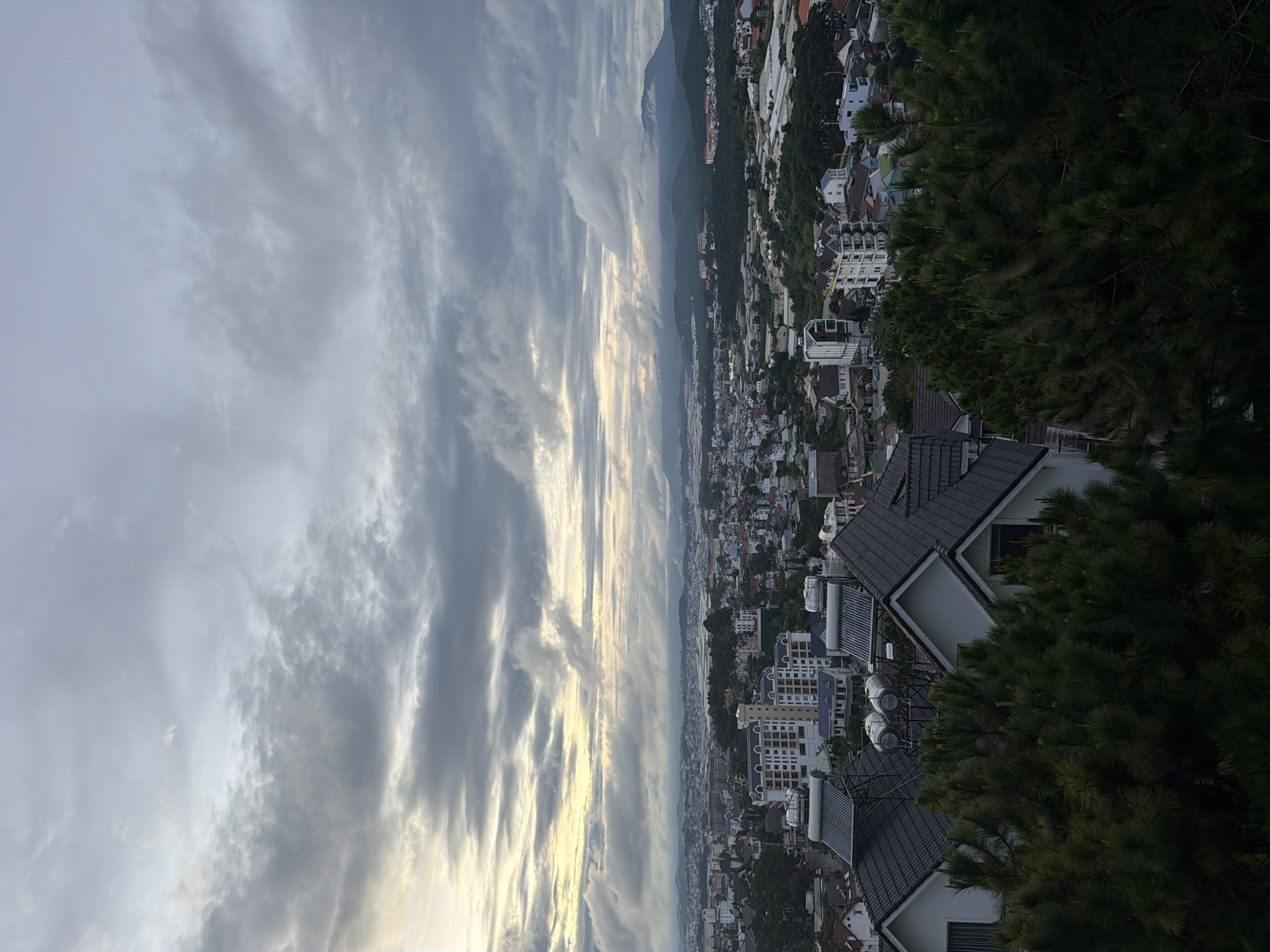 This is an aerial view of Xuân Trường - Đà Lạt, Vietnam, on a cloudy day. The foreground is dominated by the dark green needles of pine trees. Behind the trees, a cluster of modern houses with dark grey, sloped roofs is visible, some equipped with solar water heaters. Further into the mid-ground, a densely populated urban area unfolds with buildings of various sizes and architectural styles, including multi-story apartment buildings and smaller residential structures. The cityscape extends towards the horizon, where a hazy landscape of rolling hills and mountains is shrouded in mist and illuminated by soft, diffused sunlight breaking through the clouds. The sky is filled with dramatic, layered clouds, with patches of lighter grey and hints of yellow, suggesting either dawn or dusk. There are no people or vehicles clearly discernible in the image.