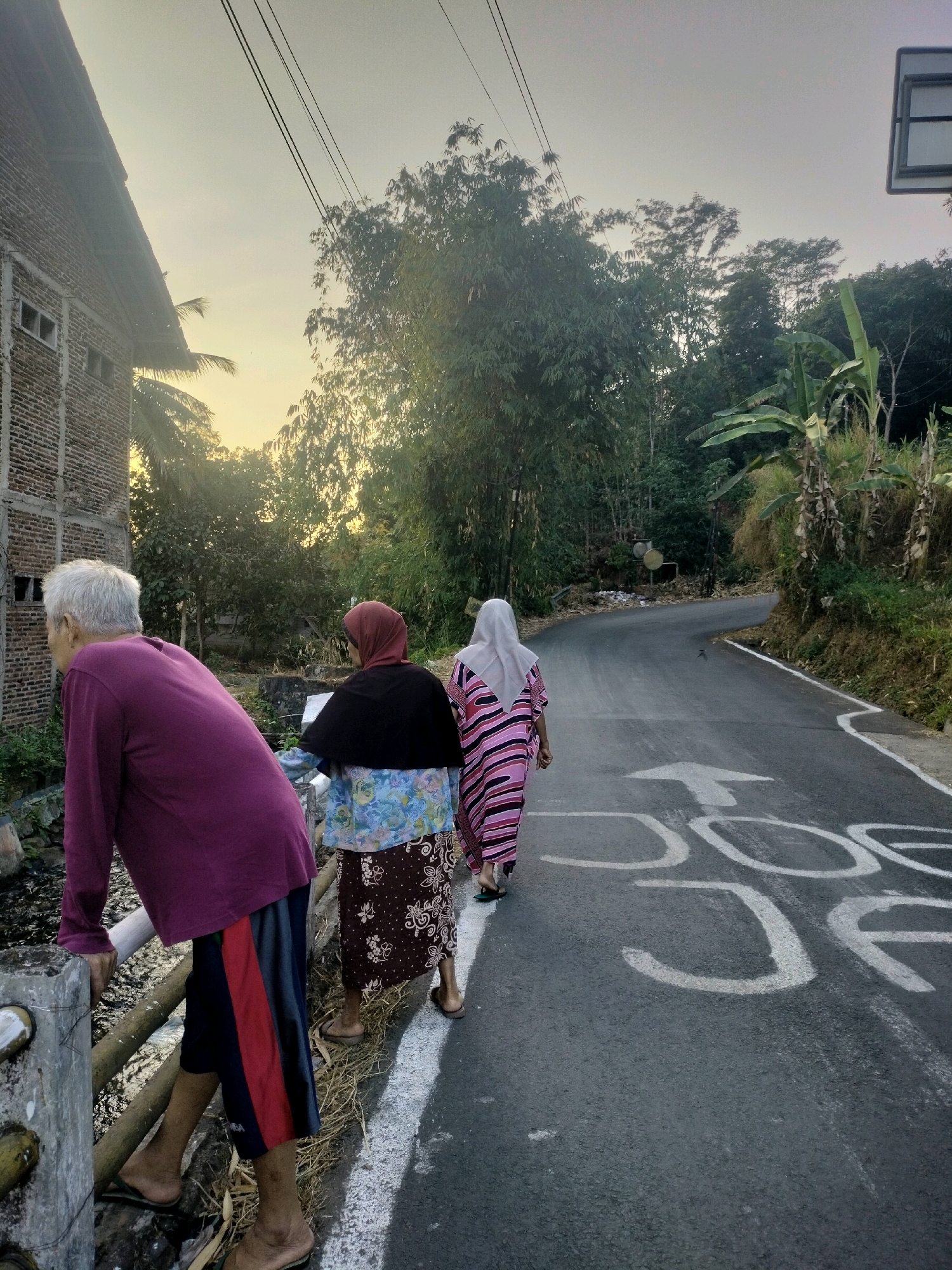 In Pujut, Indonesia, an elderly man with gray hair stands leaning on a concrete railing overlooking a small waterway. He wears a long-sleeved purple shirt and striped shorts. Behind him, two women walk away on a paved road. The first woman wears a red hijab and a black shawl over a floral blouse and patterned skirt. The second woman is dressed in a light-colored hijab and a pink and black striped dress. The road has white markings, including an arrow and what appears to be the word "JUGE" painted in white. The environment is rural, with lush green trees and vegetation lining the road and surrounding hills. A brick building is visible on the left side of the frame, and power lines stretch across the sky. The lighting suggests either early morning or late afternoon.