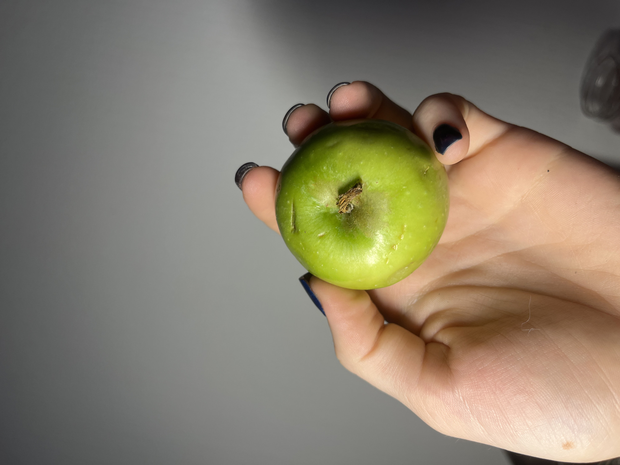 A hand is holding a green apple. The hand has dark nail polish. The background is a gray gradient. There is no indication of the location being Saint Petersburg, Russia.