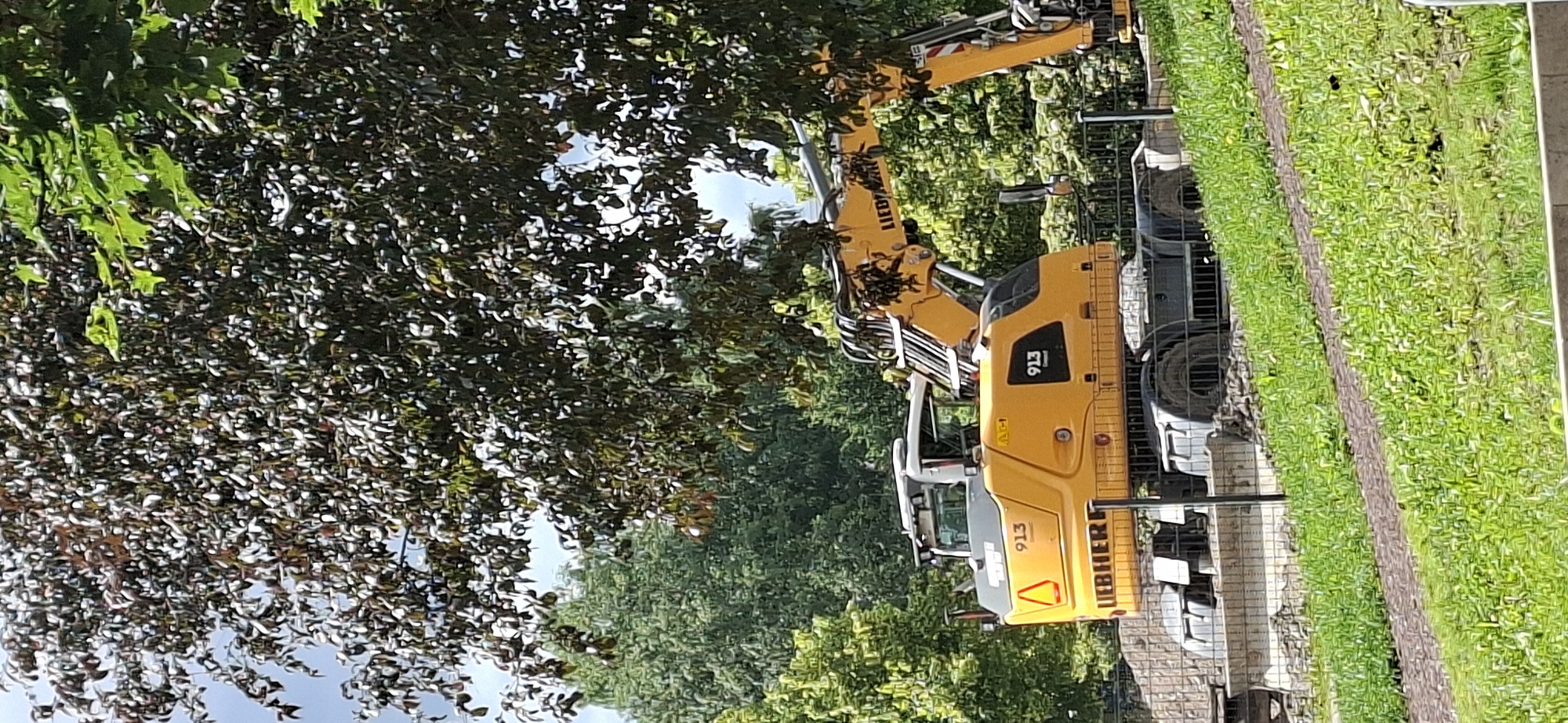 The image depicts a yellow Liebherr 913 wheeled excavator positioned on a construction site, partially obscured by the branches of a large, dark-leaved tree. The excavator is the primary subject, with its boom extended. The site appears to be outdoors, with green trees and foliage in the background. The ground in the foreground is covered in grass and a dirt path, separated by a wire fence. The overall impression is of an active construction or landscaping project. This scene is located in Lahti, Finland.