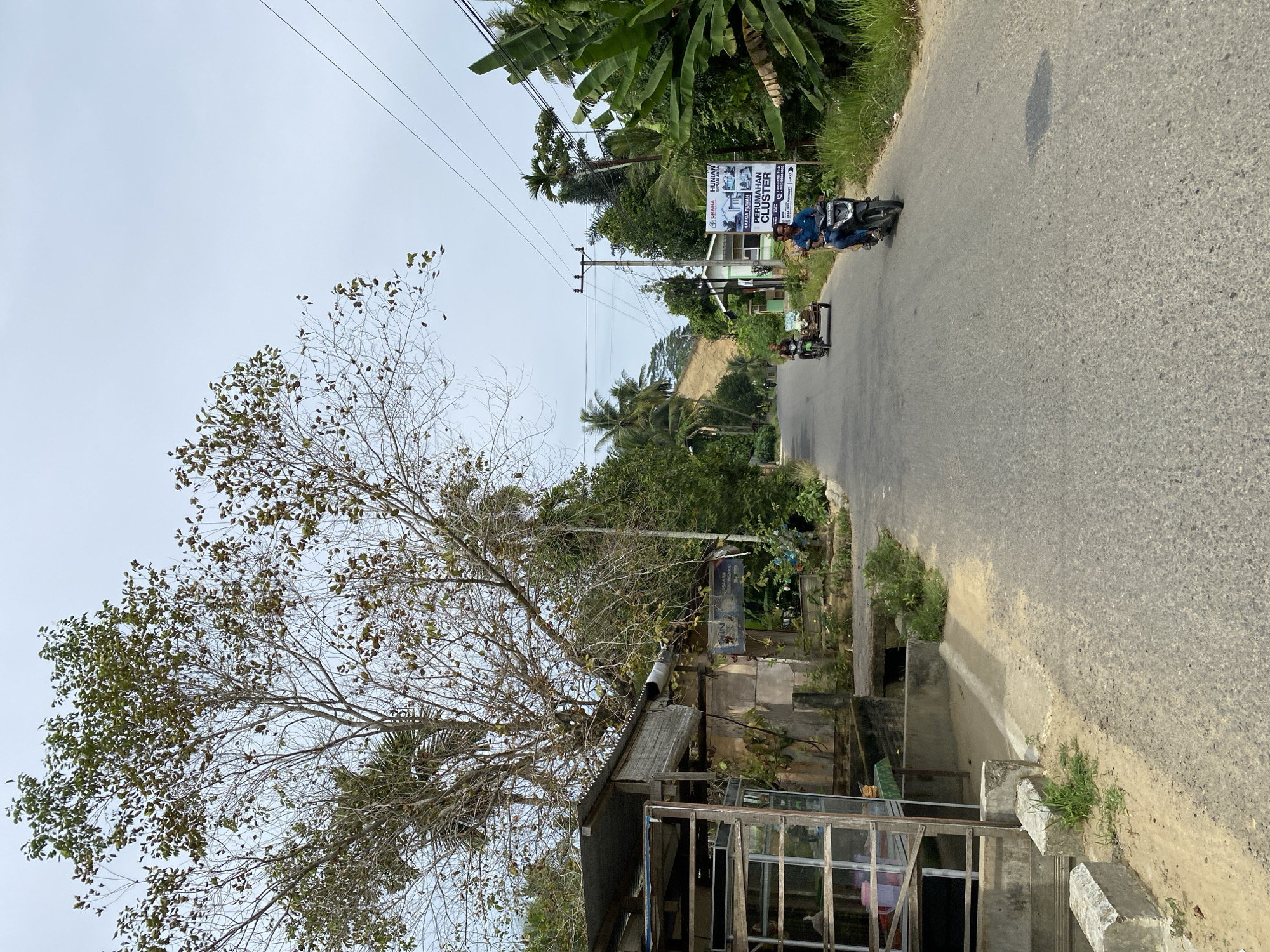 The image depicts a rural road in Lhokseumawe, Indonesia, under an overcast sky. On the left side of the road, there is a roadside stall constructed with wood and corrugated metal roofing. The stall has glass display cases and a green tabletop. Adjacent to the stall are concrete structures and a large, bare-branched tree with some scattered leaves.
The road itself is asphalt and appears to be a two-lane street. In the middle ground, two people on motorcycles are traveling away from the viewer. The first motorcycle is being ridden by a person wearing a blue shirt and is pulling a small cart. Behind them, another motorcycle is carrying a passenger and is laden with goods in a crate.
On the right side of the road, lush vegetation, including banana trees, grows abundantly. A billboard advertising "GRAHA HUNIAN IMPIAN ANDA" (Dream Home) with an image of houses and the text "PERUMAHAN CLUSTER" (Cluster Housing) is prominently displayed. Power lines stretch across the upper portion of the image, supported by utility poles. The background shows a gently sloping hill covered in trees. The overall scene suggests a semi-urban or peri-urban environment, characteristic of areas surrounding cities like Lhokseumawe, where rural and residential elements merge.