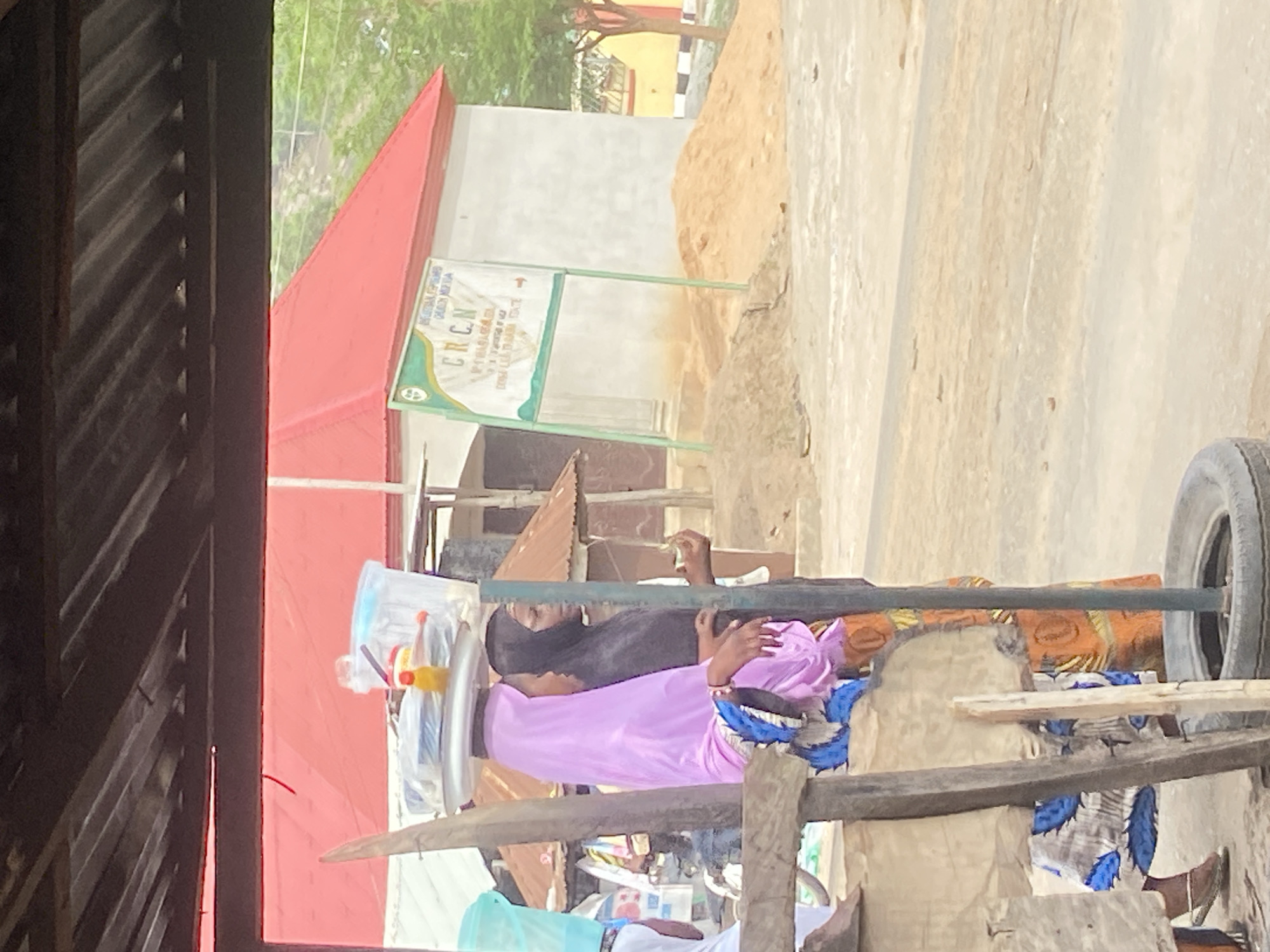 Outside in Mararaba, Nigeria, a woman with a purple dress and black hijab stands in front of a wooden cart with a tire. Her face and right arm are visible. The cart is also piled with plastic containers. A sign for the CRCN is visible behind the woman, as well as a building with a red roof and an incomplete sand pile. The photo is taken from a partially obscured doorway or window with a view of the outside scene.
