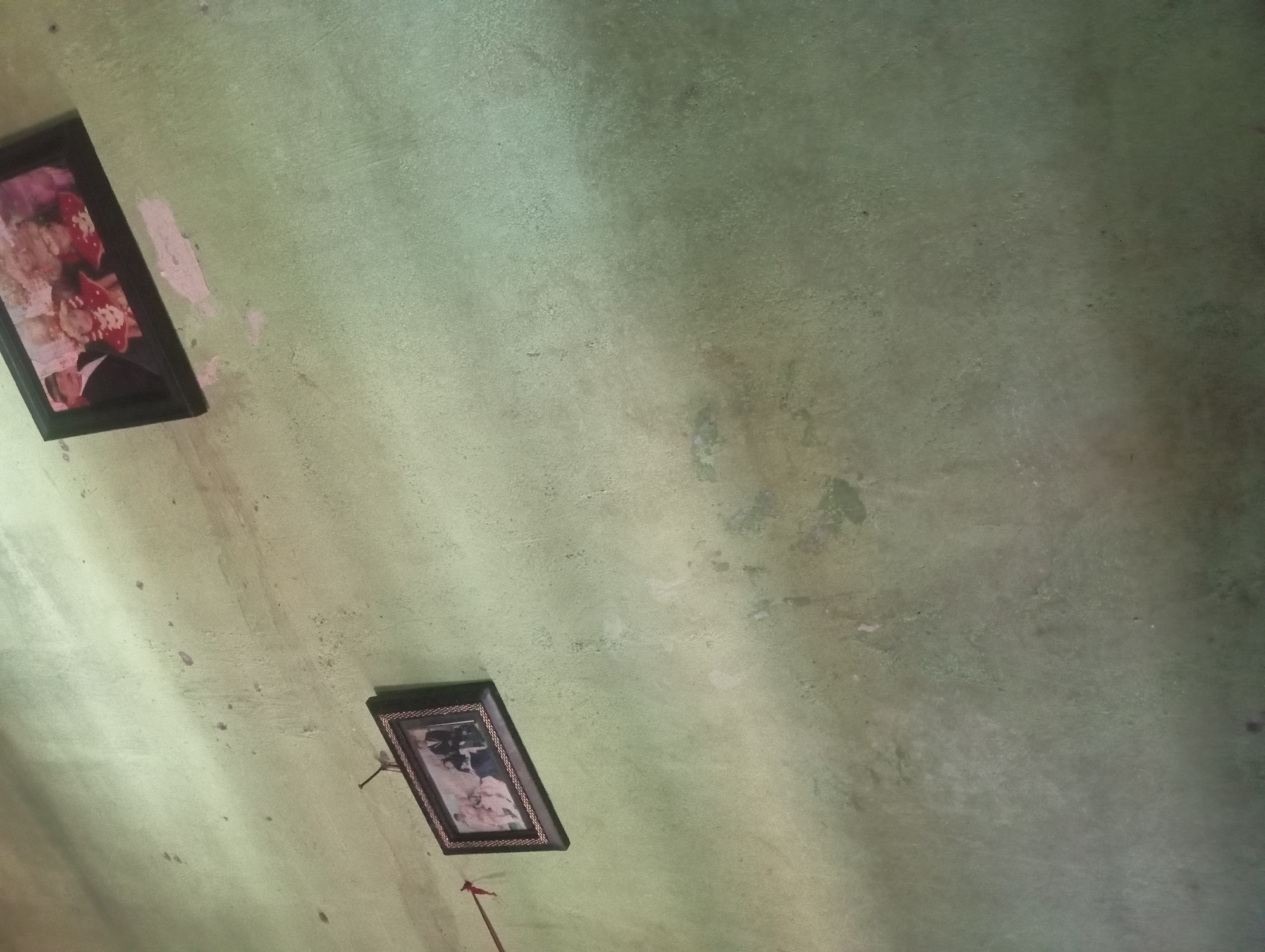 Two framed photographs hang on a light green, textured wall in what appears to be a residence in Rejosari, Indonesia. The photograph on the left depicts a wedding or formal portrait of a couple. The photograph on the right contains a group of individuals, possibly a family, in formal attire. The wall exhibits areas of discoloration and wear.