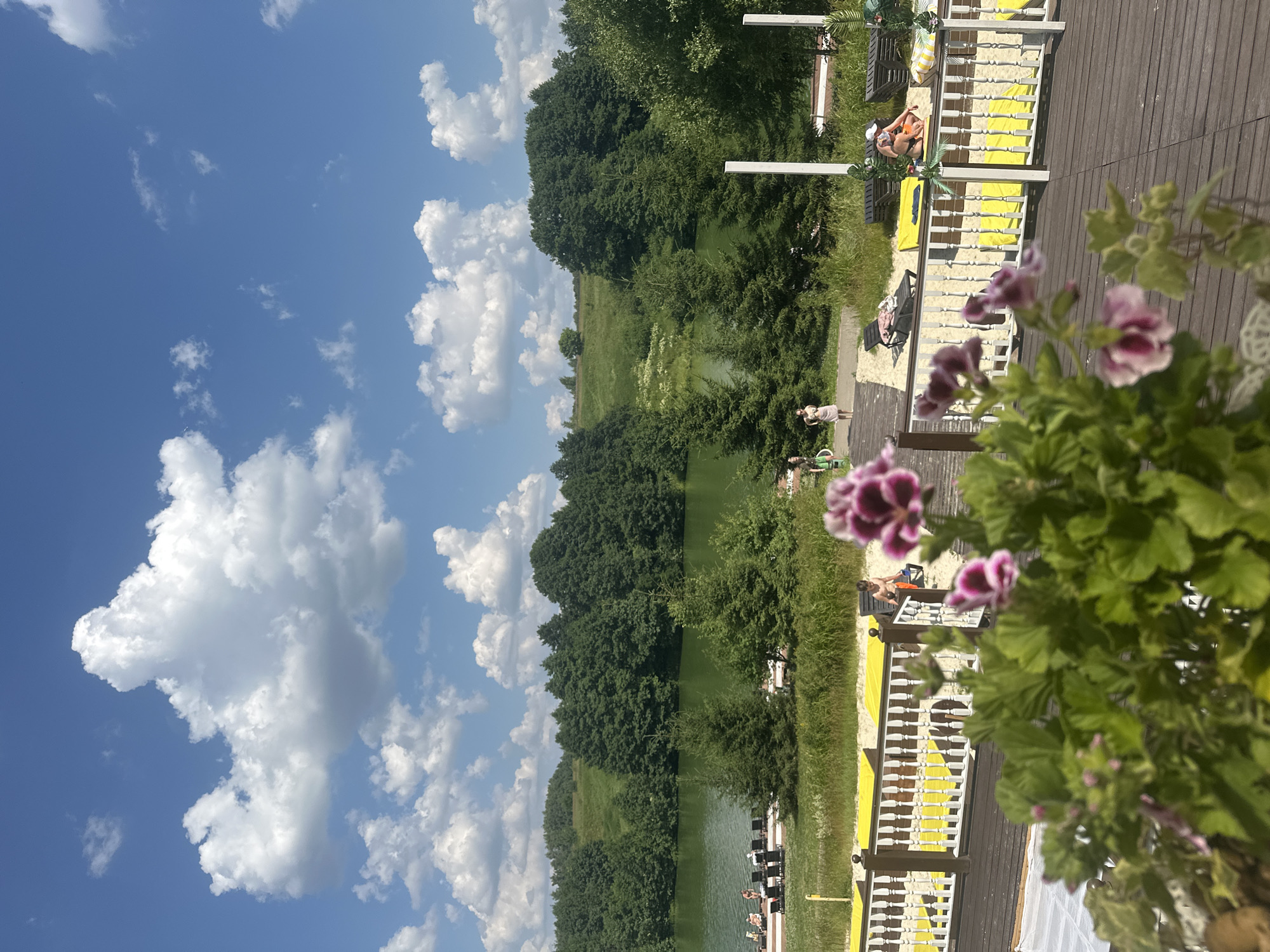 This is a vertical, full-shot photograph taken on a sunny day with scattered clouds, likely in the afternoon. The scene is set at a waterfront recreational area, possibly a beach or resort, in Dal'nie Prudishchi, Russia.
In the foreground, vibrant pink and purple flowers with green foliage partially obscure the view. Beyond the flowers, a wooden deck runs parallel to the water. Several lounge chairs, some with yellow towels, are arranged on a sandy area next to the deck. A white railing separates the deck from the sandy area.
In the middle ground, a body of calm, green water, likely a lake or pond, is bordered by lush green trees and grassy banks. A few people are visible near the water's edge. On the deck, a few individuals are sunbathing or relaxing in lounge chairs. One person in an orange bikini is lying on a lounge chair, and another person is partially visible. Further down the deck, other figures can be seen, some appearing to be standing.
The background consists of a dense line of green trees and rolling green hills under a bright blue sky with fluffy white clouds. The overall atmosphere is one of a pleasant summer day at an outdoor leisure spot. No text is visible in the image.