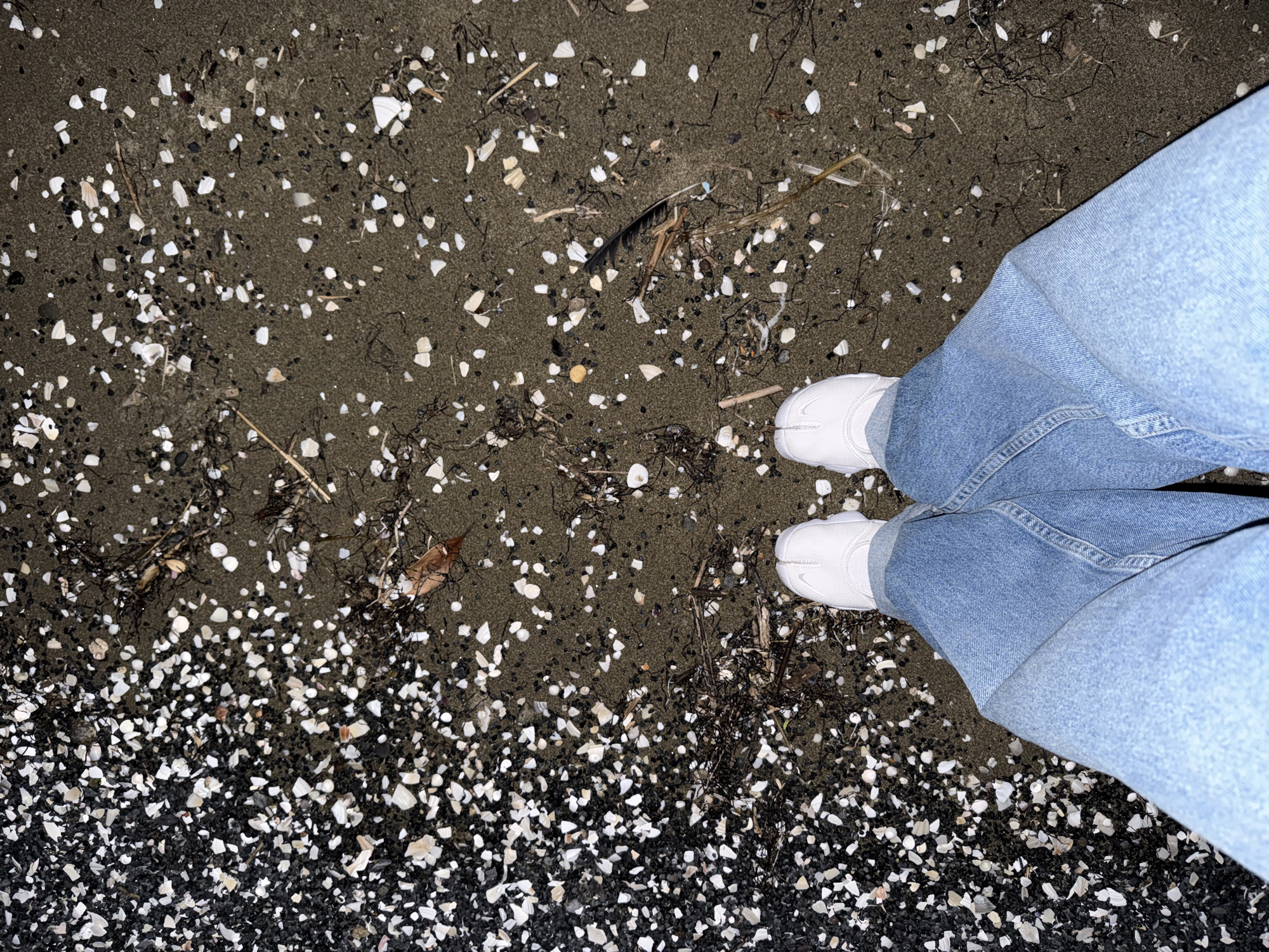 The image shows a close-up, high-angle view of a person's legs and feet standing on a dark, sandy beach. The person is wearing light blue denim jeans and white sneakers. The sand is speckled with numerous small white and dark shell fragments, as well as some dried seaweed and debris, including a single black feather. In the upper left portion of the frame, the sand is darker and less populated with shells, while the lower portion of the frame is heavily covered with a dense layer of white shell fragments. The lighting suggests it might be dusk or nighttime, as the overall illumination is low. The scene is a typical beach environment. There is no visible text in the image. The context provided states the location is Chiba, Japan.