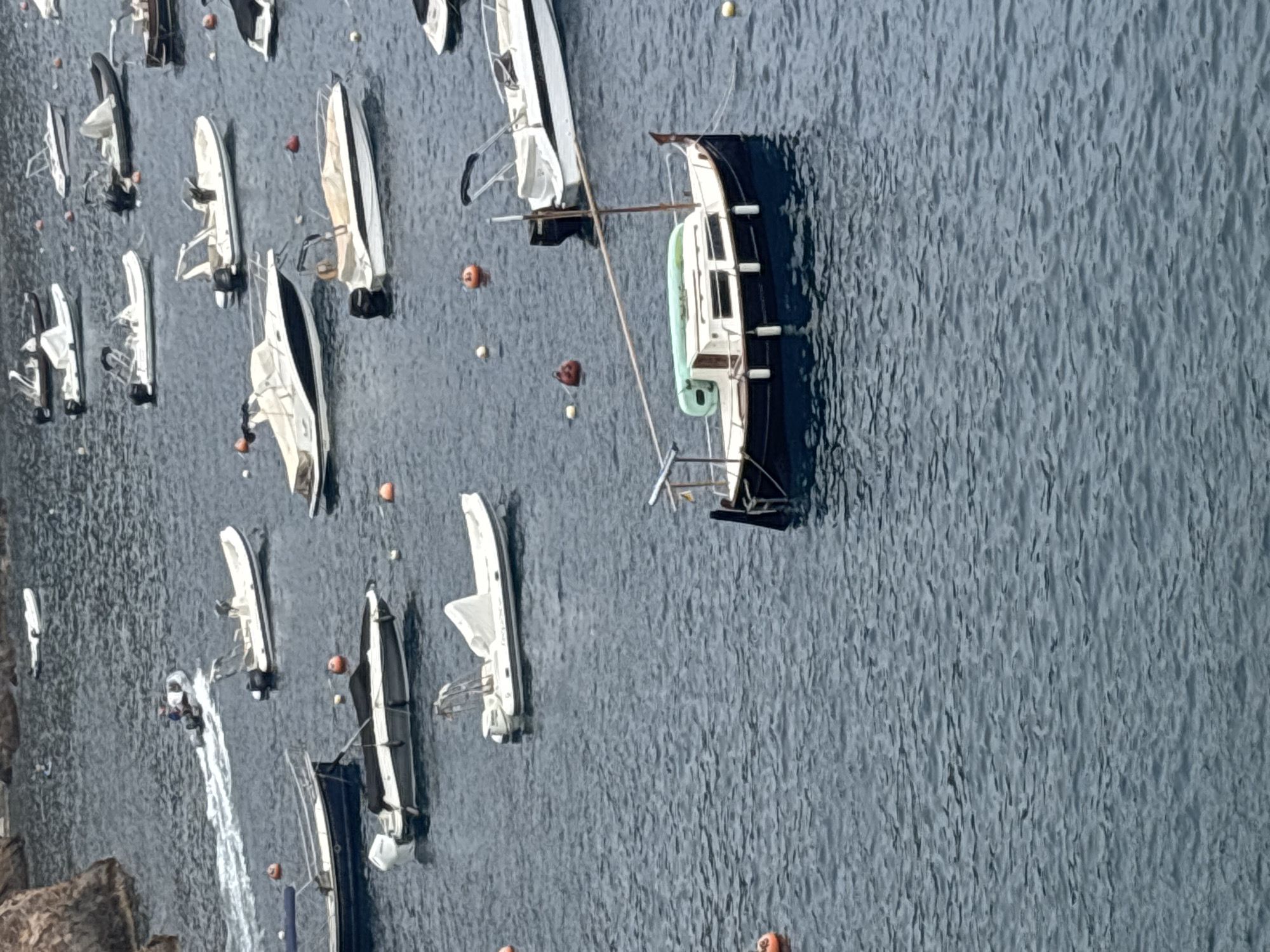 The image shows a harbor scene in Begur, Spain, with numerous boats of various sizes moored in the water. The water is a dark blue, with small ripples suggesting a calm day. A few buoys are visible, some red and some yellow. In the foreground, a small, dark-hulled sailboat with a light-colored cabin is anchored. It has a single mast and a long boom. On its deck, a light green object, possibly a kayak or paddleboard, is secured. Several white speedboats and other motorboats are scattered throughout the harbor. One speedboat in the upper left corner is moving, creating a white wake. The shoreline, characterized by rocky terrain, is visible in the upper left portion of the image. There are no people clearly visible on any of the boats.