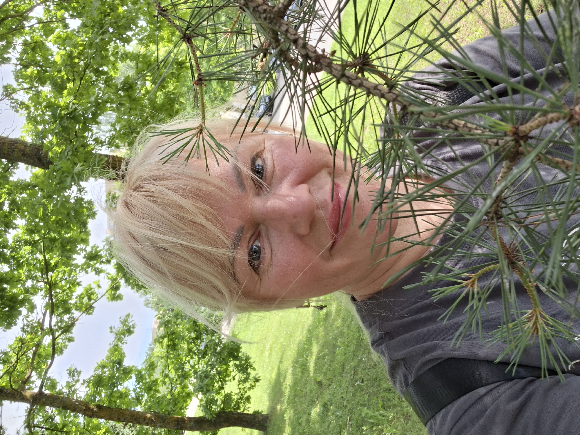 In Alytus, Lithuania, a woman with blonde hair is taking a selfie outdoors, framed by pine needles and tree branches. She is wearing a dark grey t-shirt. The background shows a grassy area with trees and a glimpse of a road with parked cars. The sky is visible above the foliage.