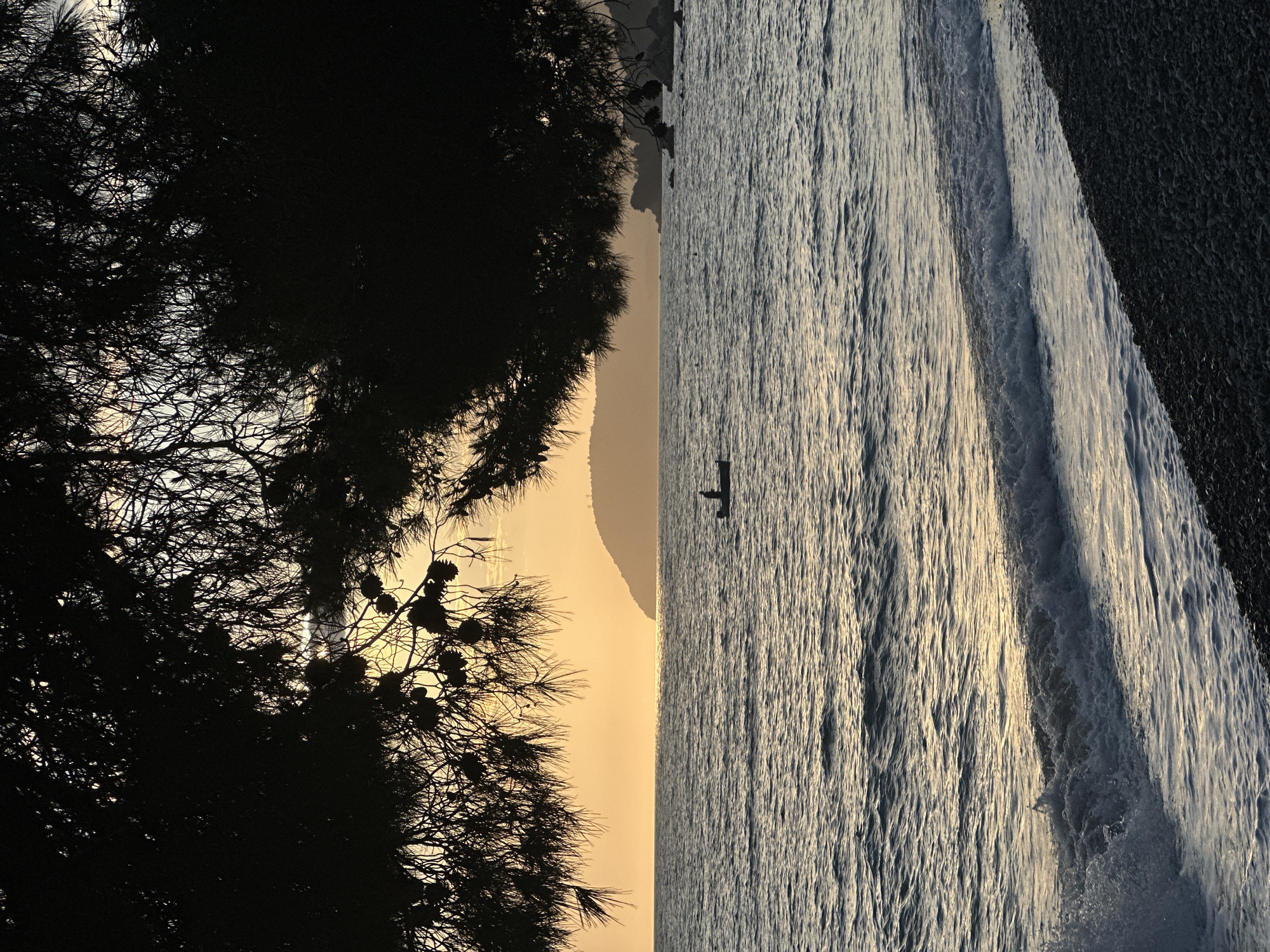 A sideways view of a calm ocean meeting the shore in Šušanj, Montenegro. A person is standing on a paddle board in the middle of the water. Silhouetted trees stand on the left side of the image. Mountains are barely visible in the background, obscured by a yellowish haze. A dark wall is located on the right side of the image, near the water.