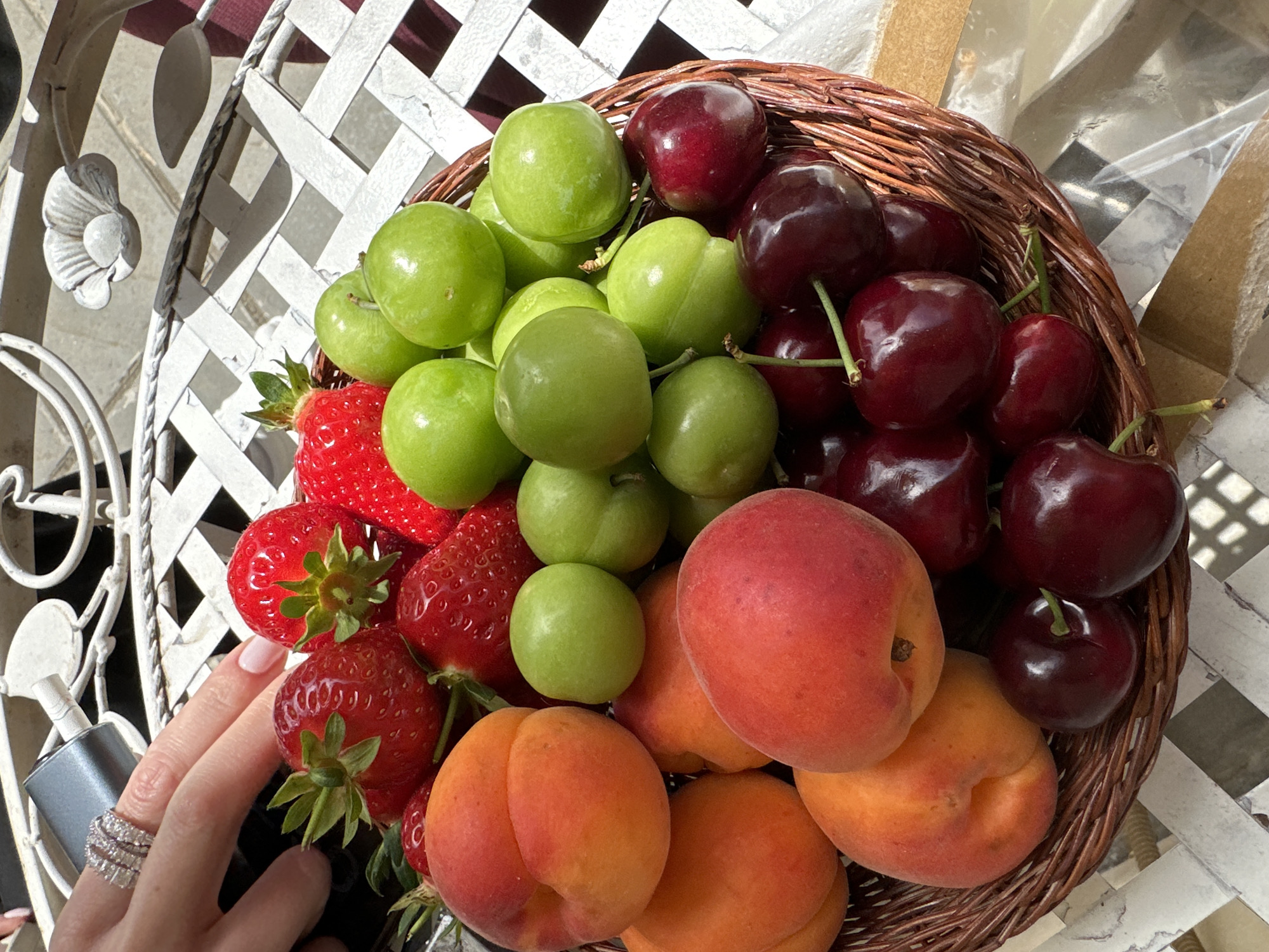 The image shows a close-up, high-angle view of a round, woven wicker basket filled with an assortment of fresh fruits. The fruits include bright red strawberries with green leafy tops, green plums, dark red cherries with stems, and orange apricots. A person's hand is visible on the left side of the frame, wearing multiple diamond rings. The basket rests on a white, decorative metal table with a lattice pattern. The scene is outdoors, with sunlight illuminating the fruits. While the city and country are requested, the image lacks sufficient detail to determine the specific location as Sofia, Bulgaria.
