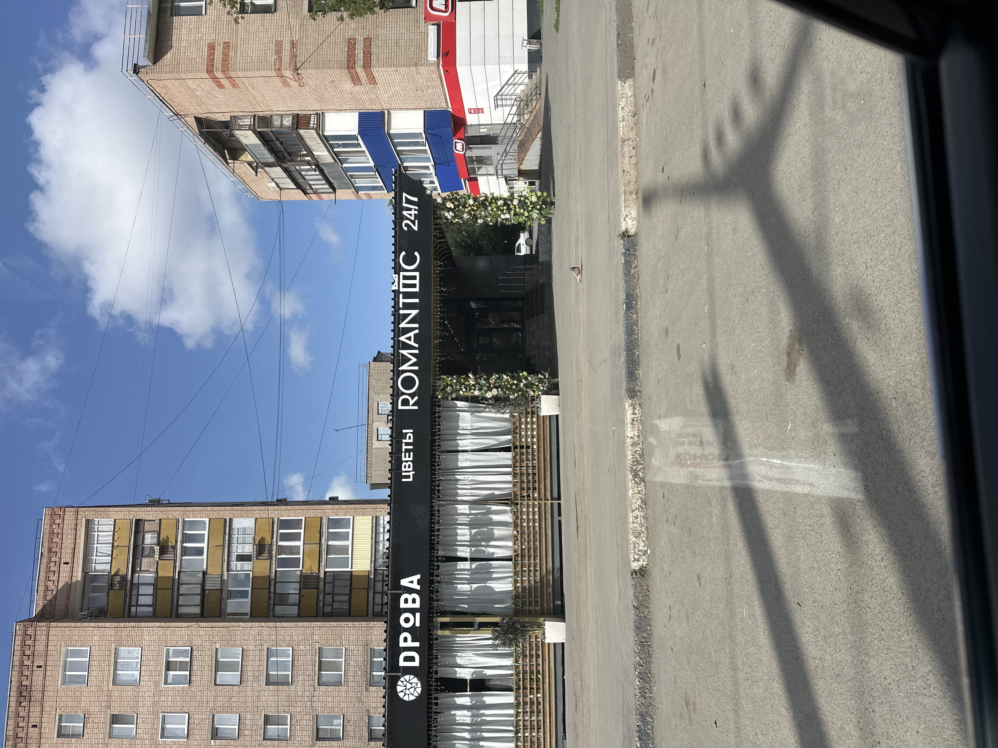 The image shows a storefront with the words "ДРОВА" and "ЦВЕТЫ ROMANTIC 24/7" in large white lettering on a black awning. The storefront is decorated with white curtains and floral arrangements. Two tall, narrow planters with olive trees are placed on either side of the entrance. In the foreground, there is a street with a curb and sidewalk. The background features two tall apartment buildings. The right apartment building has a sign that reads "пр. Ленина, 75". The sky is blue with some white clouds. A pigeon is visible on the sidewalk. The scene appears to be in a city, likely Orsk, Russia, given the presence of Cyrillic script on the signage and street name.