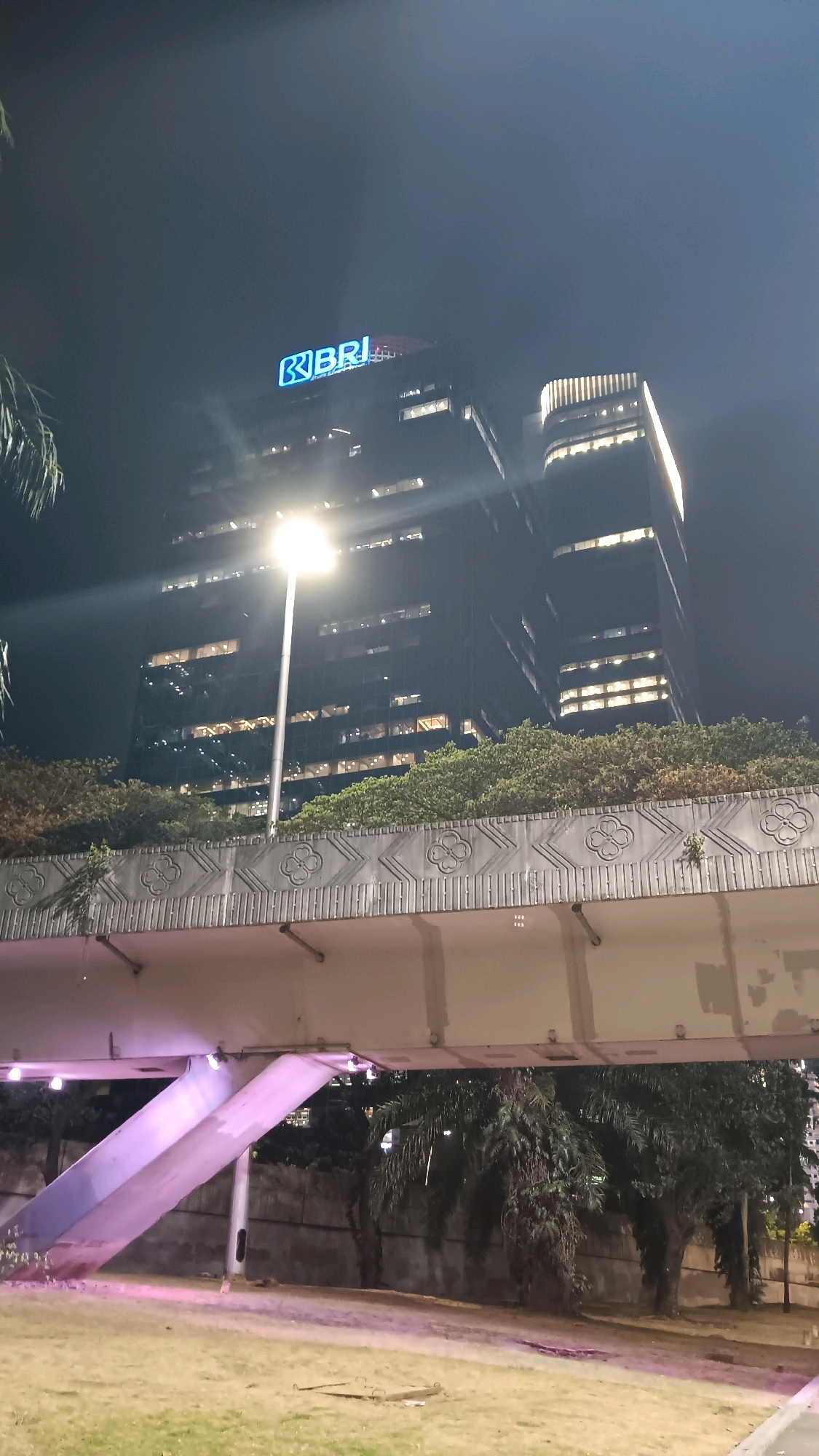 The image depicts a nighttime view of the BRI II building, located in Central Jakarta, Indonesia. The building, a modern skyscraper with numerous illuminated windows, is visible behind a pedestrian bridge. The bridge, constructed with concrete and metal, features decorative panels and is illuminated by lights. Trees and foliage are present on and around the bridge, adding a touch of greenery to the urban landscape. A street lamp is also visible, casting a bright light. The foreground shows a grassy area, indicating a park or public space. The overall scene suggests a well-lit urban environment at night.