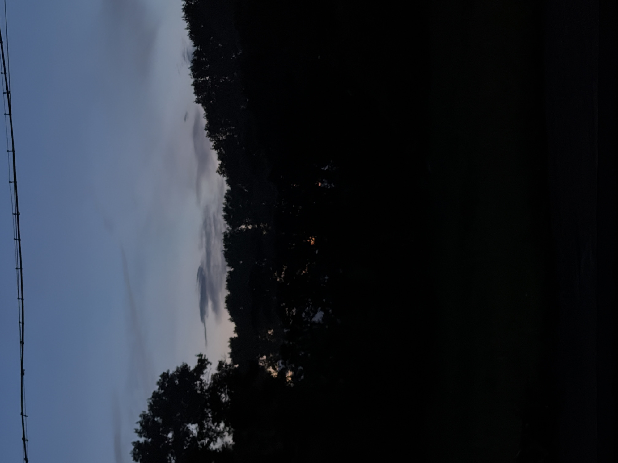 The image depicts a twilight sky with wispy clouds above a silhouetted treeline. A dark foreground obscures any details of the ground or what might be present. A dark horizontal line, possibly a wire or branch, is visible across the top of the frame. No people or specific structures are identifiable. The overall scene is dark and atmospheric, suggesting a natural environment at dusk or dawn.