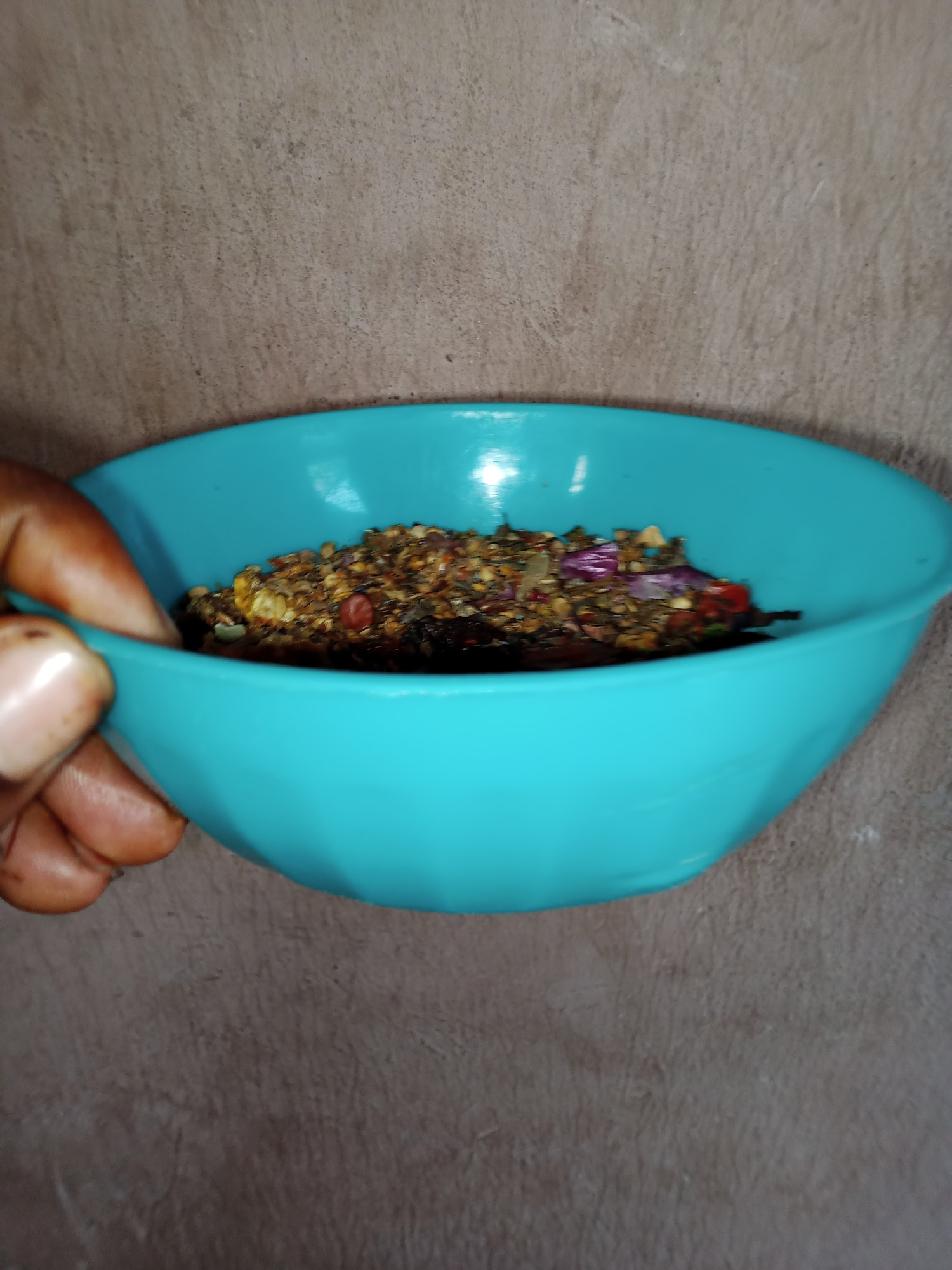 A person's hand is holding a turquoise bowl filled with a mixture of dried herbs, spices, and possibly some small pieces of red chili peppers and red onions. The bowl is positioned in front of a textured, brown wall. The image appears to be taken in Jauro Yinu, Nigeria.