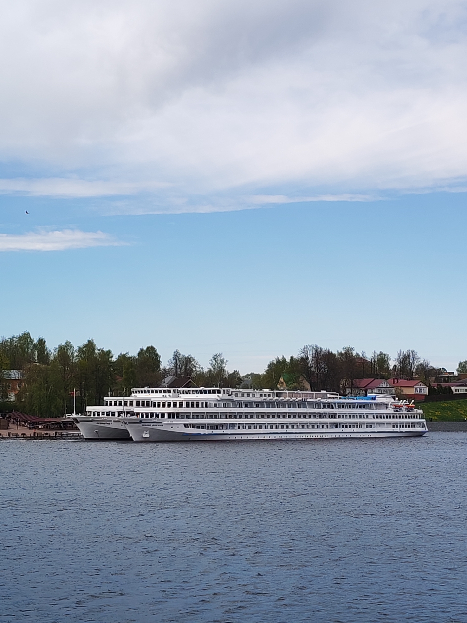 Two white cruise ships are docked side-by-side in the water. Behind the ships is a shoreline with trees and buildings. The sky above is blue with scattered clouds. The water is dark with small ripples. The scene is in Myshkin, Russia.