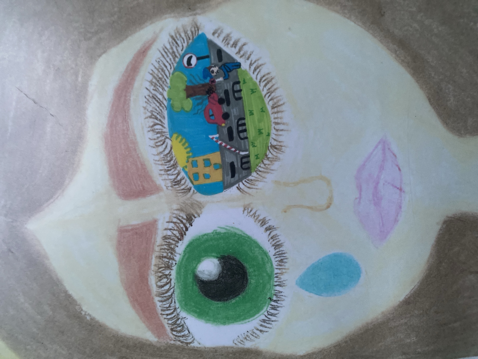 The image shows a drawing of a face with two eyes. The upper eye contains a whimsical scene within its iris, including a tree with a person wearing glasses, a building with a person rappelling down, a cityscape with a barrier, and green grassy patches. The lower eye has a green iris with a black pupil. There are also teardrop shapes and a pink diamond shape on the face. The drawing is rendered in soft colors, including browns, tans, pinks, blues, greens, and yellows. The location within Sofia, Bulgaria, is impossible to determine based solely on the visual information provided.