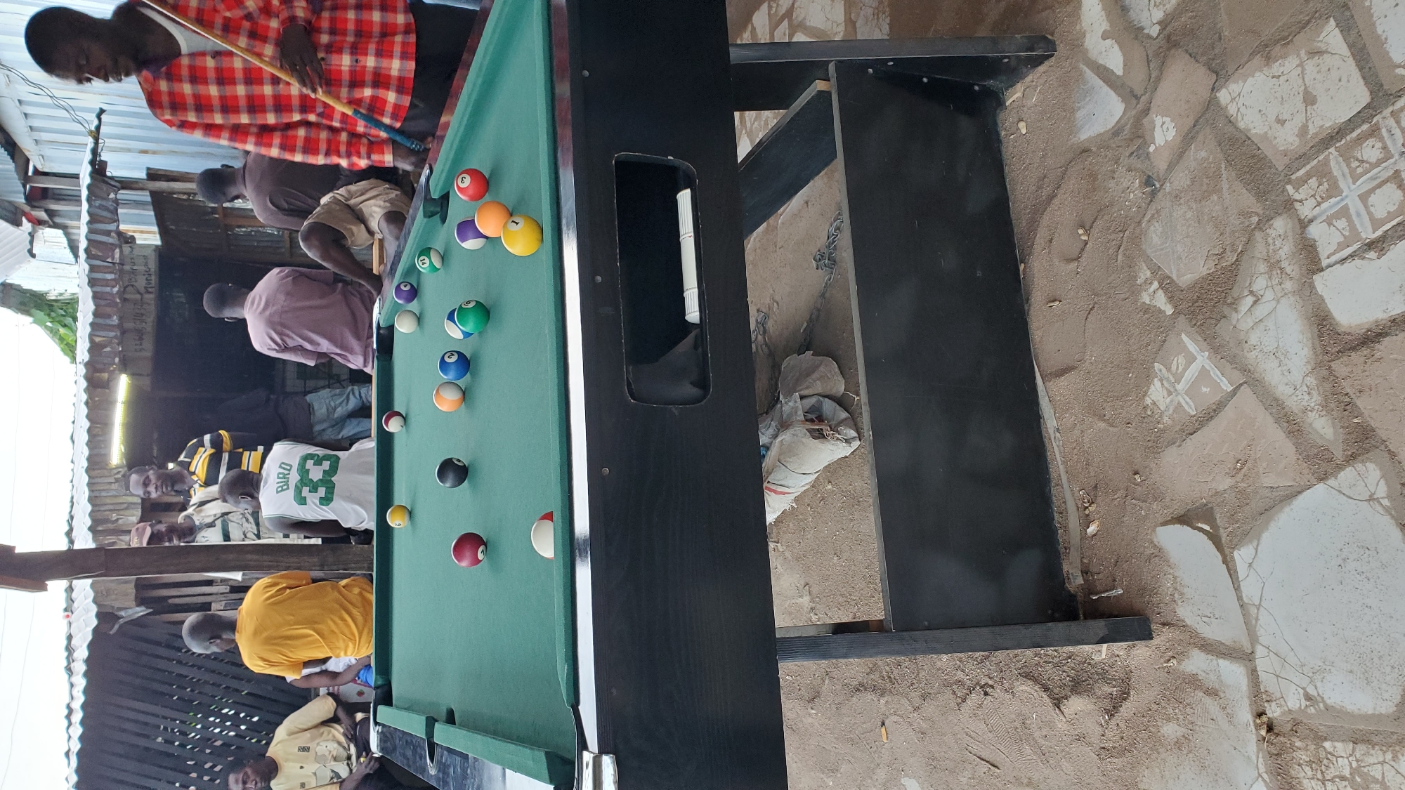 The image depicts an outdoor billiards table situated in a dusty, informal setting in Jalingo, Nigeria. Several individuals are present, some engaged with the pool table and others observing. The environment appears to be a casual gathering space, possibly an outdoor bar or recreational area, with elements of makeshift construction and a generally unkempt ground surface composed of sand and broken paving stones. The lighting suggests it is daytime, likely late afternoon or early evening. The people are dressed in casual attire, reflecting a relaxed atmosphere. The pool table itself has a green felt surface with several balls scattered across it, including solids and stripes, and a cue stick is visible in the hands of one person.