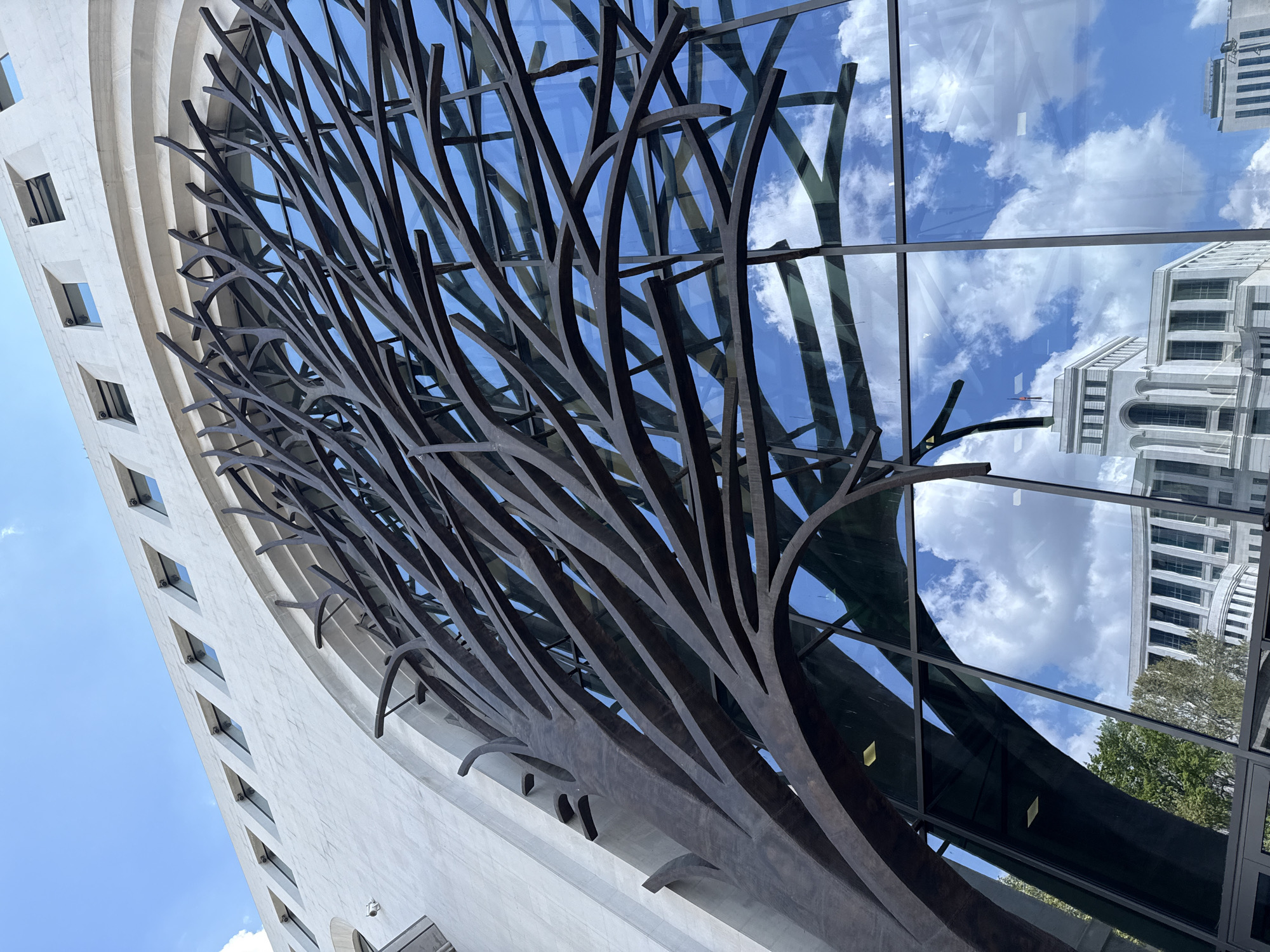 The image showcases a striking architectural composition, primarily featuring a large, dark-toned metal sculpture resembling an abstract tree or intertwining branches. This intricate metalwork is mounted on or integrated into a modern glass facade, which dominates the central and right portions of the frame. The sculpture's flat, curving elements vary in thickness, creating a dense, organic pattern against the reflective surface.
To the left, a contemporary building with a smooth, light-colored, curved facade is visible against a bright blue sky. This building features rows of small, uniformly spaced rectangular windows. The glass facade brilliantly reflects the surroundings: a clear blue sky with fluffy white clouds, and another distinct building characterized by its lighter tone, multiple stories, and arched window details. Glimpses of green foliage from trees are also visible in the reflections.
The overall scene captures a sunny day, indicated by the vibrant sky and strong reflections. The upward-angled perspective emphasizes the height and modern design of the architecture. There are no people present, and no specific activities are occurring. No text is visible in the image. The scene offers a view of modern urban design, located in Yerevan, Armenia.