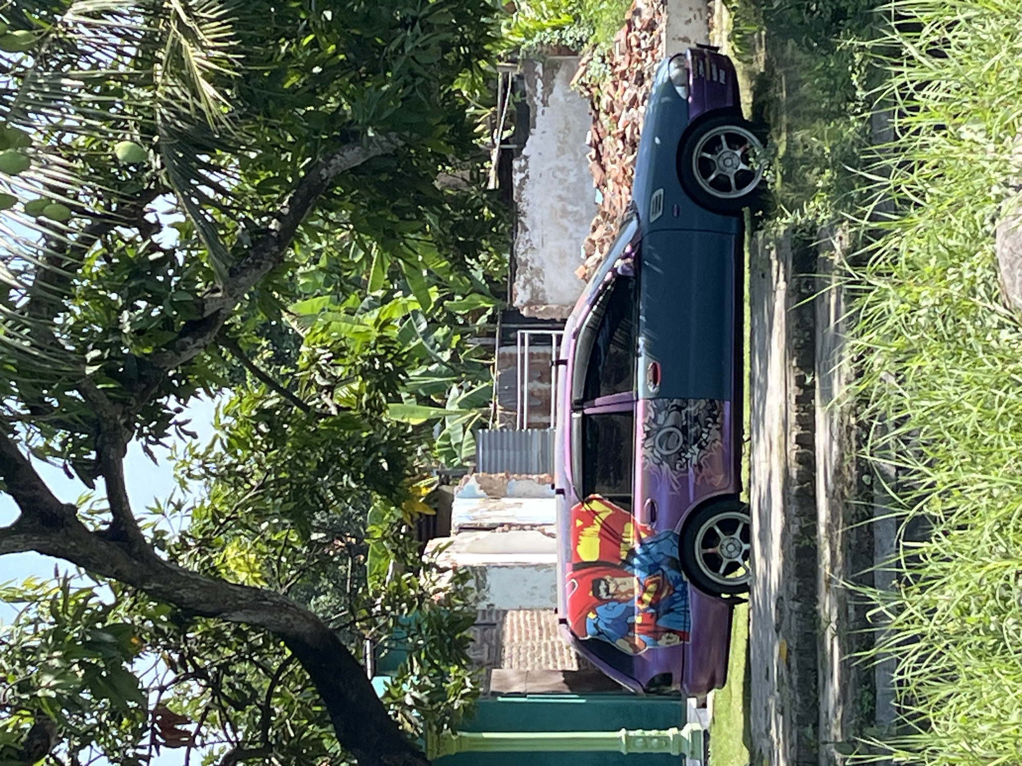 In Wunut, Indonesia, a purple and blue station wagon is parked on a dirt and stone surface. The car's rear quarter panel is adorned with a mural of Superman. The car is situated in an outdoor environment with lush green grass in the foreground and trees with large leaves and fruits overhead. In the background, there are partially demolished buildings with exposed brick and rubble, suggesting an area undergoing construction or decay. A green pillar is visible to the left of the car. The sky is clear and blue.