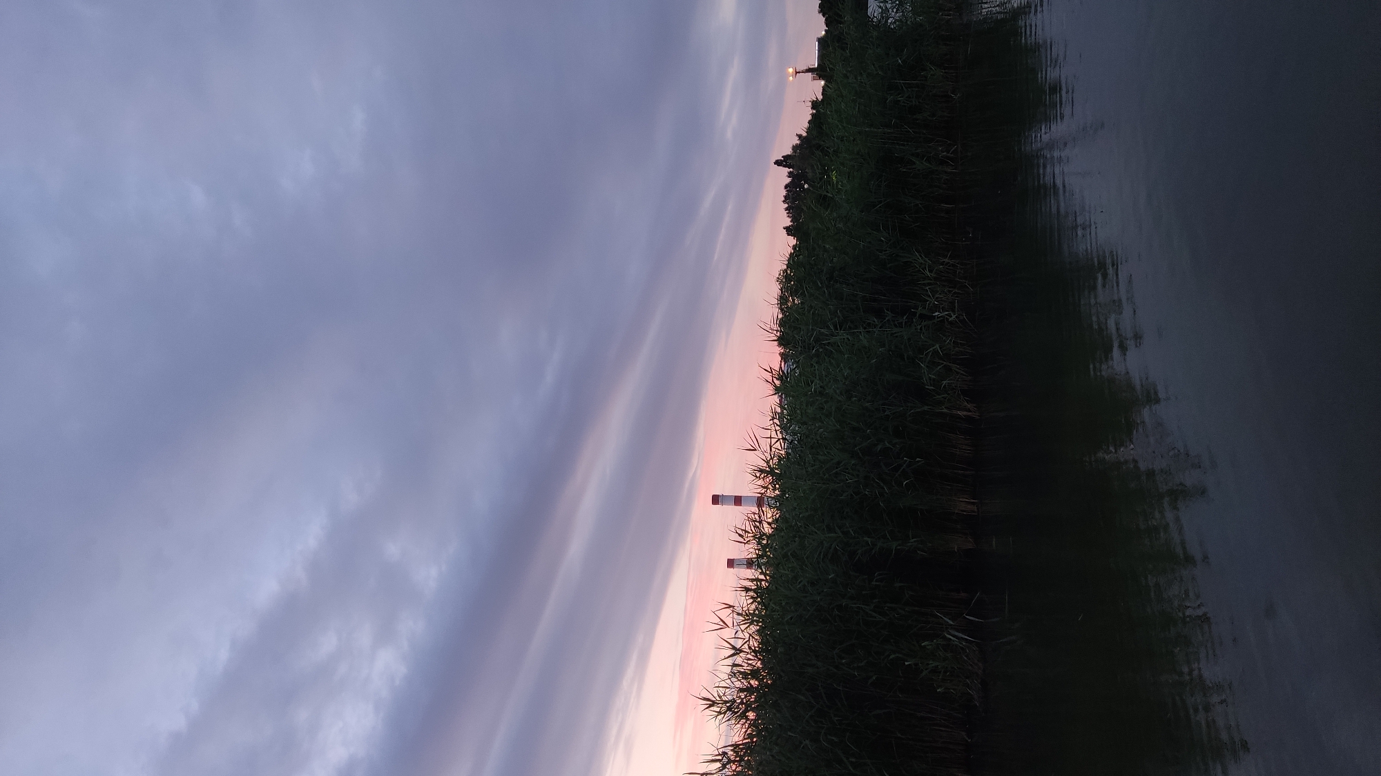 The image depicts a sunset over a body of water, likely a river or canal, in Krasnodar, Russia. Tall, dark green reeds line the bank in the foreground, obscuring the ground. Beyond the reeds, two industrial smokestacks with red and white banding are visible, along with a dense line of trees. The sky is filled with layered clouds in shades of gray and pale pink, indicating the setting sun. The water in the foreground is dark and reflects the reeds and the sky. A few distant lights are visible on the right side of the horizon. There are no people or animals visible in the image.