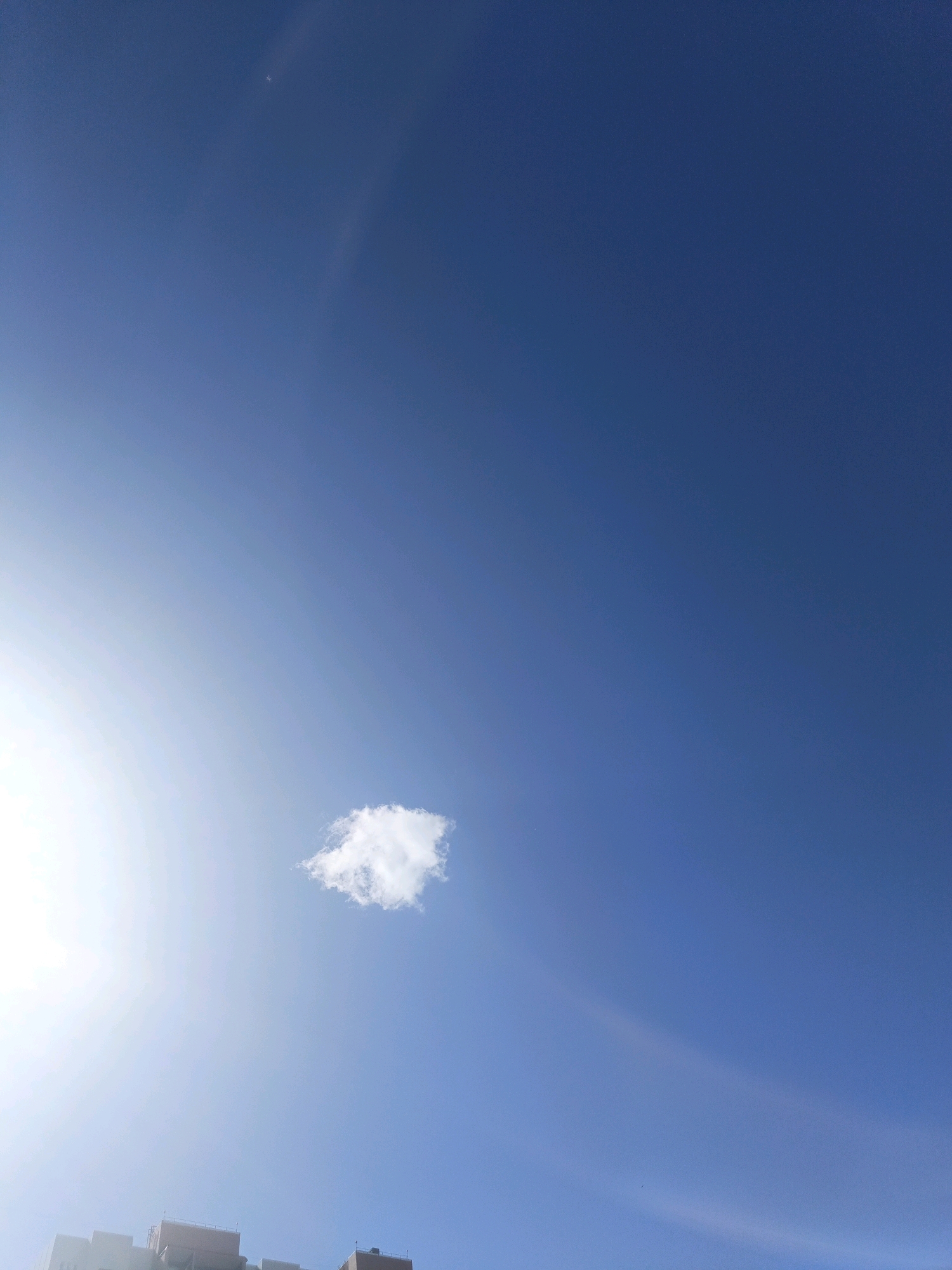 A bright, sunlit sky with a solitary white cloud is captured from a low-angle perspective, likely from a cityscape, as evidenced by the tops of buildings visible at the bottom of the frame. The sky is a deep blue, with the sun, positioned to the left of the frame, creating a strong lens flare that obscures details in that area. The cloud, which is the primary subject in the sky, is small and puffy, located slightly right of center. The buildings at the bottom are modern in design, with some appearing to be concrete or stone structures, suggesting an urban environment. The image depicts a clear day with abundant sunlight.