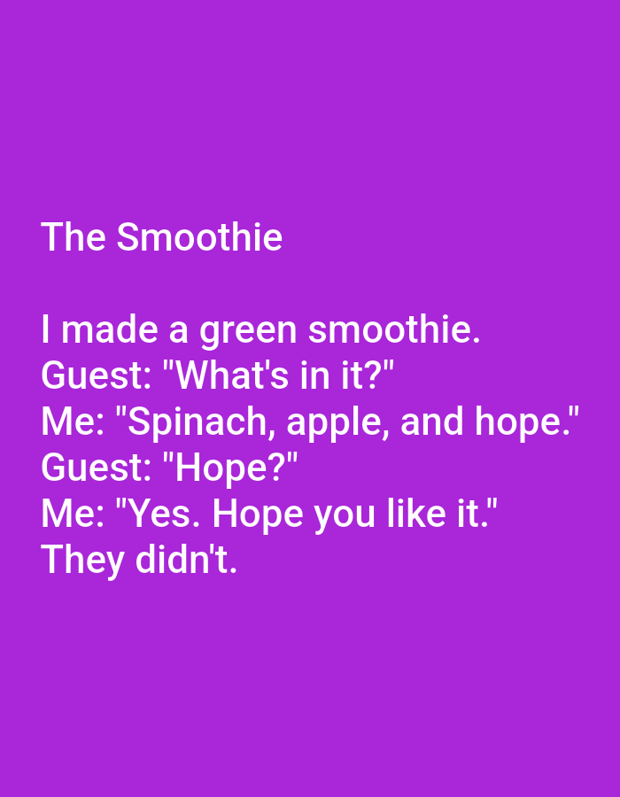 The image displays text on a solid purple background. The text is white and appears to be a dialogue or a short story. At the top, it reads "The Smoothie". Below that, the text continues with a conversation between "Me" and "Guest". The overall content is a humorous anecdote about a smoothie. There is no discernible connection to Kępno, Poland, as the image only contains text.