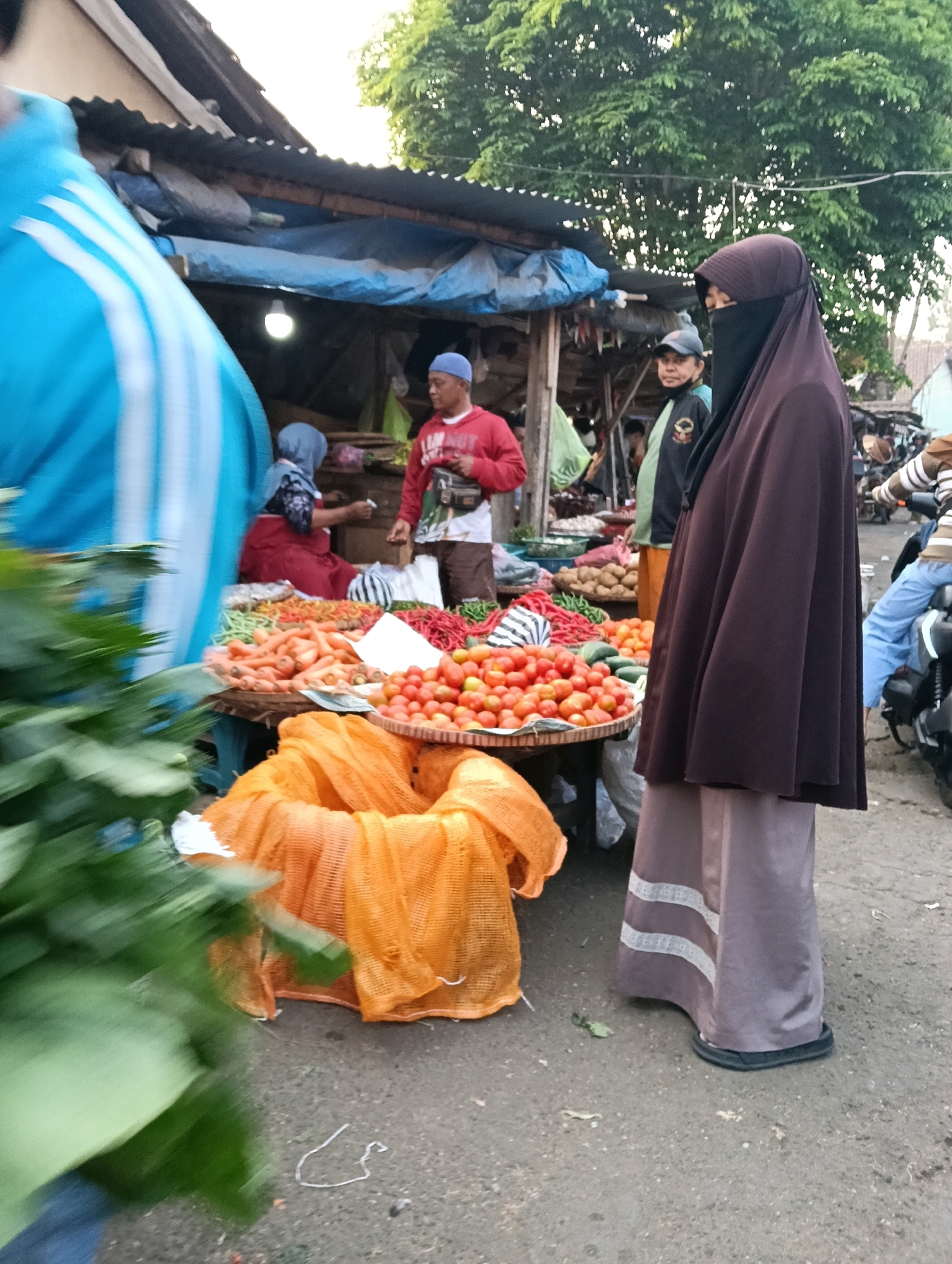 The image depicts a bustling outdoor market scene in Magelang, Indonesia. A woman in a dark brown hijab and a long gray skirt with white stripes stands to the right, her face obscured. She wears black sandals. In front of her, an orange mesh bag is filled with what appears to be produce. Behind her, a man in a green jacket and a black baseball cap looks towards the left. To the left of the frame, a person wearing a bright blue jacket with white stripes is partially visible, their body out of focus and turned away from the camera.
The market stalls are filled with fresh produce. Prominently displayed are baskets overflowing with red tomatoes and carrots. There are also piles of red chilies and other vegetables. The stalls are covered with corrugated metal roofing and tarpaulin. The ground is paved with asphalt, showing signs of wear and tear. In the background, trees with green foliage are visible. A motorcycle is parked on the right side of the frame, and other market-goers are present, though less clearly defined. The overall impression is one of a lively, everyday market in an Indonesian city.
