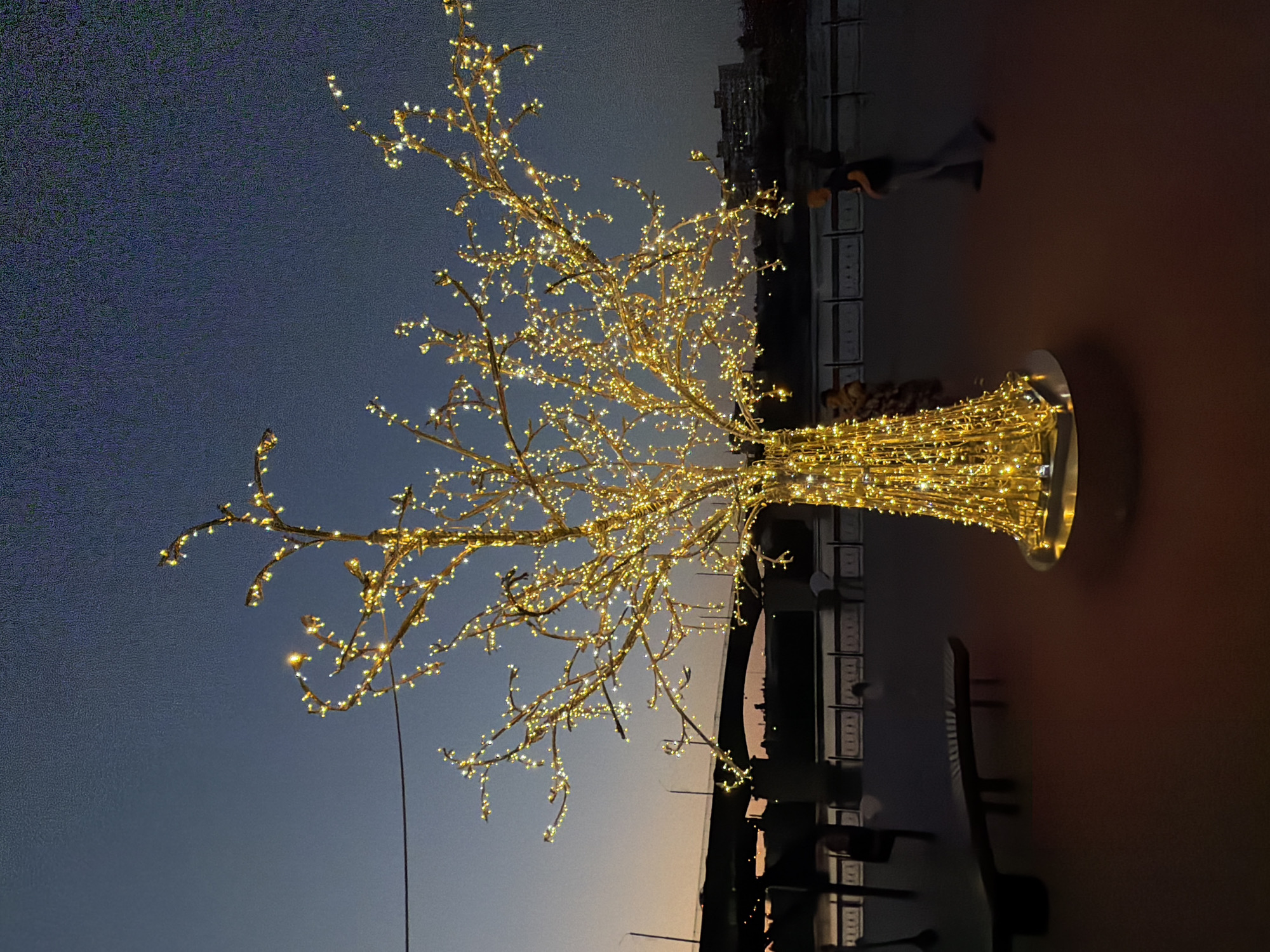 A decorative tree, covered in yellow lights, stands illuminated on a paved area at dusk. The tree is the central subject of the image and its lights cast a warm glow. In the background, a bridge spans a body of water, and beyond that, buildings are visible. A few people are present in the scene; one person, appearing to be a woman in a patterned dress, stands near the tree, and another person, a man in dark clothing, walks away from the camera. A bench is visible to the left of the tree. The sky is a gradient of deep blue and a lighter orange near the horizon, indicating the time of day. The location is the embankment in the city of Kamyshin, Russia.