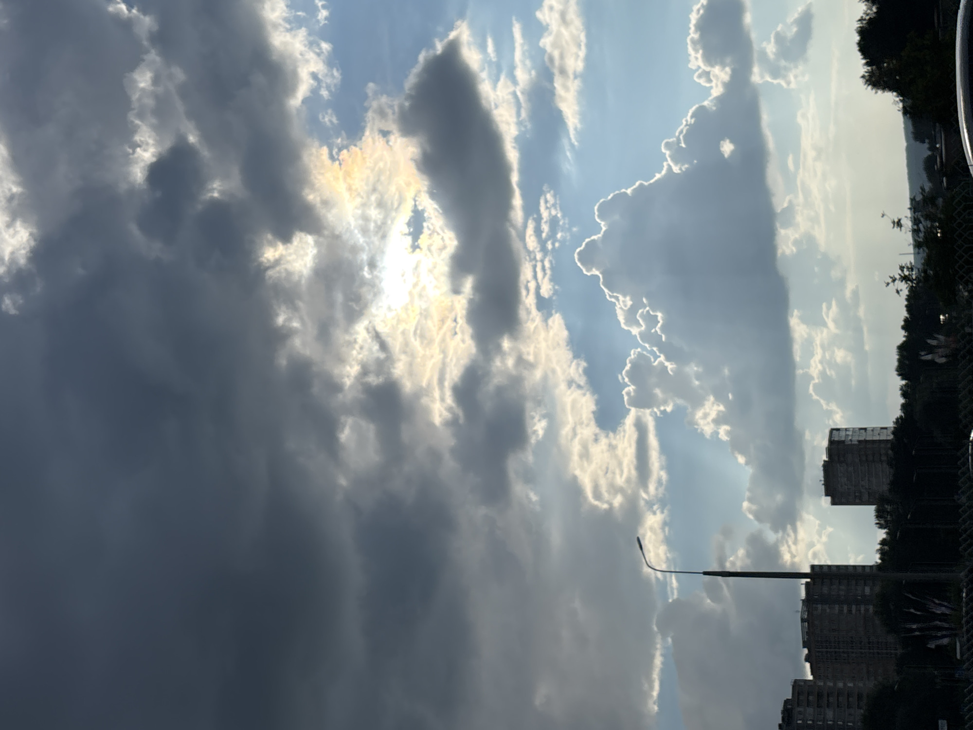 The image depicts a dramatic sky over the city of Naberezhnye Chelny, Russia, characterized by a mix of dark, brooding storm clouds and bright patches where the sun is breaking through. Tall, imposing apartment buildings, characteristic of Soviet-era architecture, are visible in the middle ground, silhouetted against the sky. A solitary lamppost stands prominently on the left side of the frame, adding a man-made element to the natural spectacle of the clouds. The foreground is filled with dark greenery, likely trees and bushes, and a glimpse of what appears to be a fence. The overall impression is one of a city bracing for or experiencing a weather transition, with the contrast between the heavy clouds and the illuminated sky creating a powerful visual effect. There are no people or animals visible in the scene.