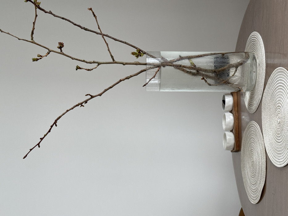 The image depicts an indoor still life in the city of Башкултаево, Russia. A tall, clear cylindrical glass vase filled with water stands on a light-colored, circular woven placemat on a round, polished light-brown wooden table. Inside the vase are several bare tree branches, some exhibiting small green buds. To the left of the vase, two additional identical woven placemats are visible on the table. Further left, a small wooden tray holds three small, white, round ceramic containers; the two left containers appear empty, while the rightmost contains a dark, granular substance. The background consists of a plain, light-toned wall. No individuals are present in the scene.
