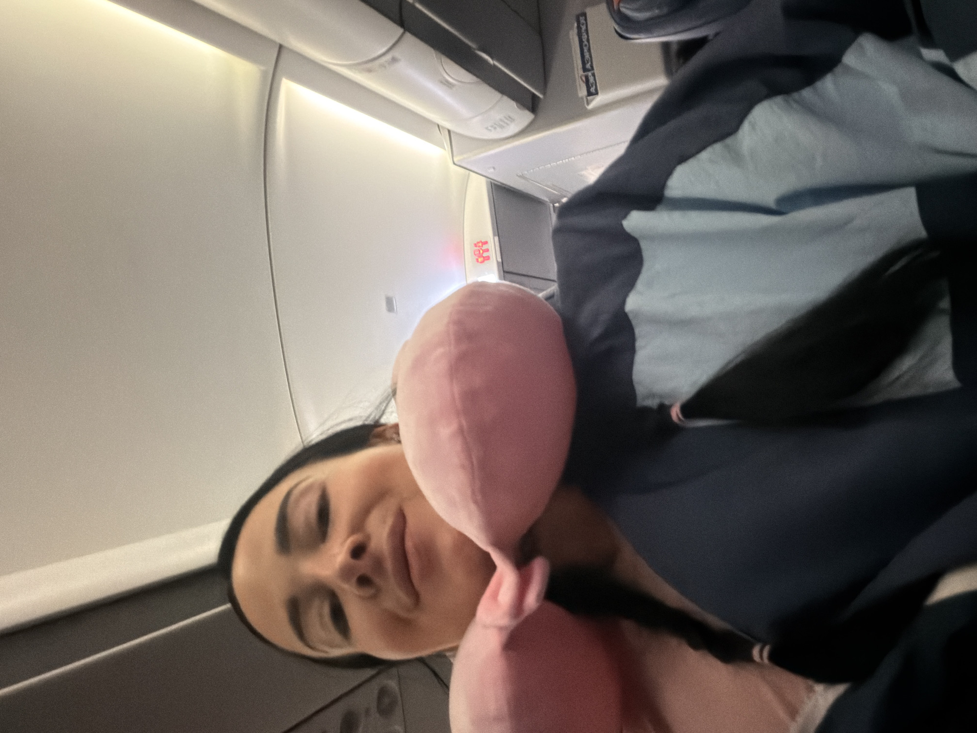 The image shows a woman in what appears to be an airplane cabin. She is wearing a pink neck pillow and a blue and light blue jacket. Her hair is in two braids. The cabin ceiling is visible, with lights and overhead compartments. There is a red sign with figures indicating a restroom on the left side of the image. A sign with Russian text is visible on an overhead compartment on the right. The woman is smiling and looking towards the camera. The image is a selfie taken from a low angle. The location is not specified as being in Saint Petersburg, Russia, but rather on an airplane.
