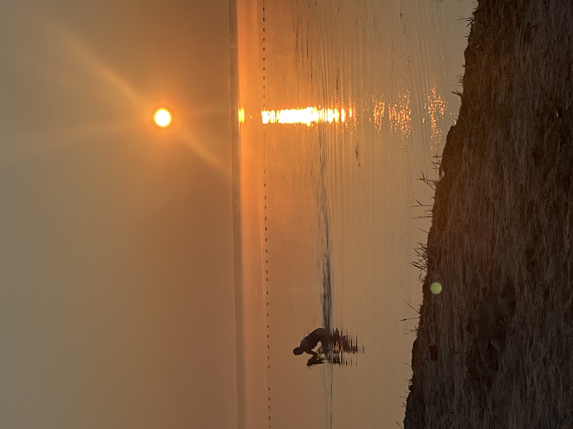 The image captures a serene sunset over a body of water, likely a river or lake, near Surakovo, Russia. The sky is a warm gradient of orange and yellow, with the sun prominently positioned in the upper right quadrant, casting a brilliant reflection on the water's surface. In the middle ground, a silhouetted figure is partially submerged in the water, holding what appears to be a fishing net. The figure is facing away from the camera, and their lower body is obscured by the water. The water itself is calm, with gentle ripples reflecting the sunlight. A line of buoys or markers stretches across the water in the distance. The foreground consists of a sandy embankment with sparse vegetation, suggesting a shoreline. The overall atmosphere is peaceful and tranquil.