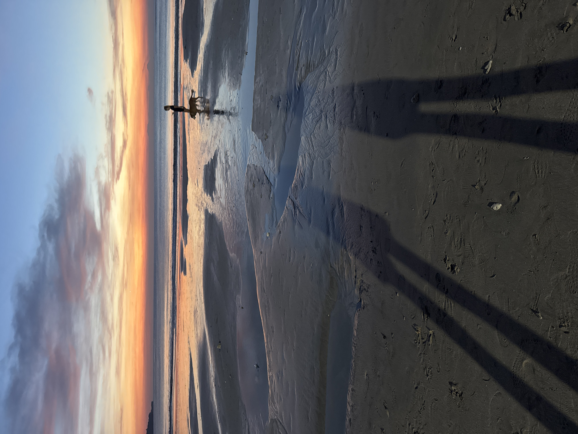 A horizontal image captures a scene at a beach during what appears to be sunrise or sunset, with the sky displaying a gradient from blue to orange. In the distance, a person is seen walking with a dog along the water's edge. The beach in the foreground shows wet sand and shallow water, reflecting the colors of the sky. Long shadows stretch across the sand, indicating a low sun angle. The texture of the sand is visible, including footprints and other markings. The location is most likely the coast of Kuta Selatan, Indonesia.