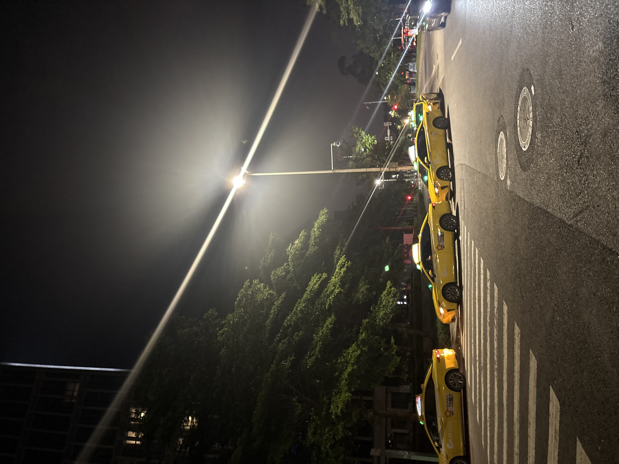 The image shows a street scene at night in Haizhu District, China. Several bright yellow taxis are lined up on the right side of the road, partially on a pedestrian crossing. The taxis have illuminated signs on their roofs and some have writing on their sides, including "Goaxi" and Chinese characters. The street is paved and illuminated by a bright streetlight positioned in the center of the frame, casting a strong beam that cuts diagonally across the image. In the background, lush green trees are visible, and further in the distance, some buildings with illuminated windows can be seen. The overall atmosphere is that of an urban environment at night, with the artificial lights creating a somewhat stark contrast with the dark sky and the shadows cast by the trees. The time of day is clearly night due to the darkness and the artificial lighting. There are no people clearly visible in the foreground, but there appear to be some figures in the distance near the vehicles on the left side of the road. The weather appears to be clear, as the streetlight's beam is sharp and unobscured.