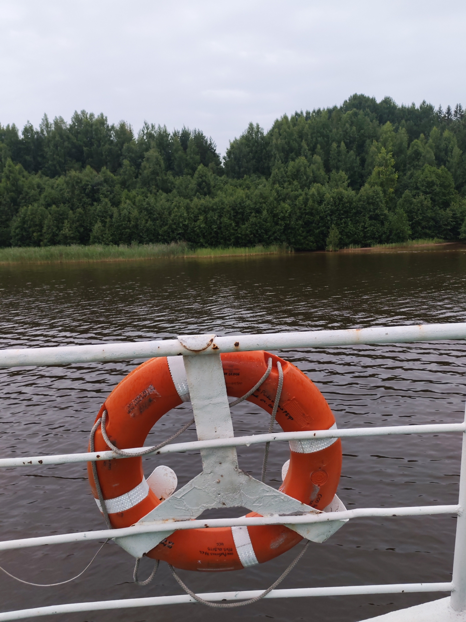 An orange life preserver with white reflective bands is attached to a white railing on a vessel. The life preserver has text and markings on it. The railing extends horizontally across the image. Behind the railing and life preserver, a dark body of water reflects the overcast sky. Across the water, a dense line of green trees forms a backdrop, with a lighter sky visible above the trees. This scene appears to be on the Svir River in the vicinity of Goritsy, Russia, a location known for its waterways and surrounding forests.