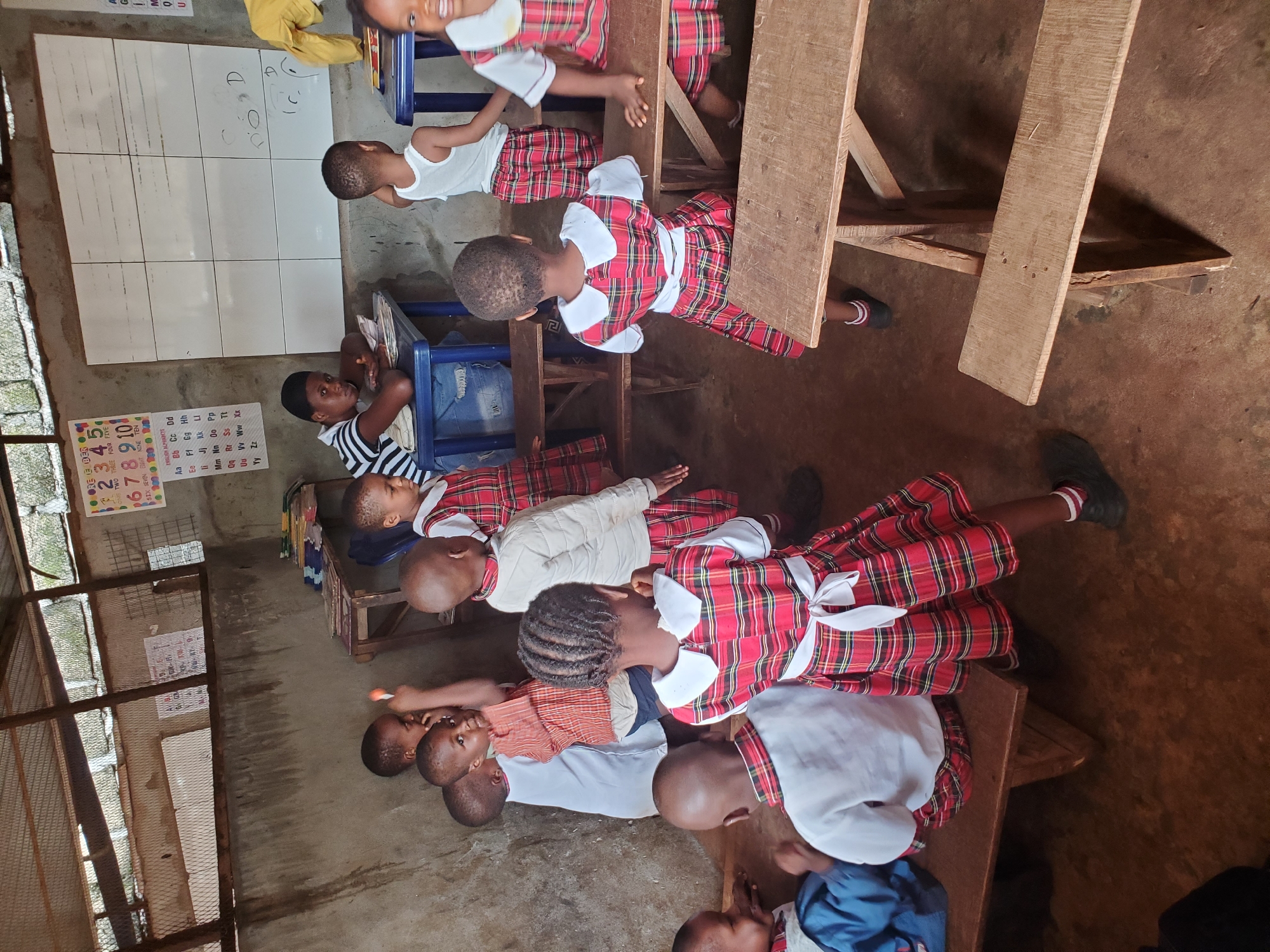 This image captures a vibrant classroom scene in Ukwu-Abwa, Nigeria, filled with numerous young children engaged in learning activities. The setting appears to be a basic but functional school environment, characterized by concrete floors, light-colored walls, and simple wooden desks and benches. Natural light streams in, indicating daytime.
Many of the children are wearing identical red and black plaid uniforms with white collars, suggesting a school dress code. Others wear casual clothes like striped shirts, plain white shirts, or yellow shirts. They are seated at desks or directly on the floor, with their attention directed towards different areas of the room. One child at a blue desk appears to be looking at a book. An adult in a yellow top is partially visible at the top of the frame.
Notable details include educational charts displayed on the walls. One chart features numbers from 1 to 10 with their corresponding spellings: "1 2 3 4 5 ONE TWO THREE FOUR FIVE 6 7 8 9 10 SIX SEVEN EIGHT NINE TEN". Another chart lists "ENGLISH ALPHABETS" with letter pairs such as "Aa Bb Cc Dd Ee Ff Gg Hh Ii Jj Kk Ll Mm Nn Oo Pp Rr Ss Vv Ww Xx U". A whiteboard-like surface shows faint, simple drawings or writings, possibly practice exercises. The children's expressions are mostly calm and focused, reflecting an atmosphere of learning and concentration within the classroom.