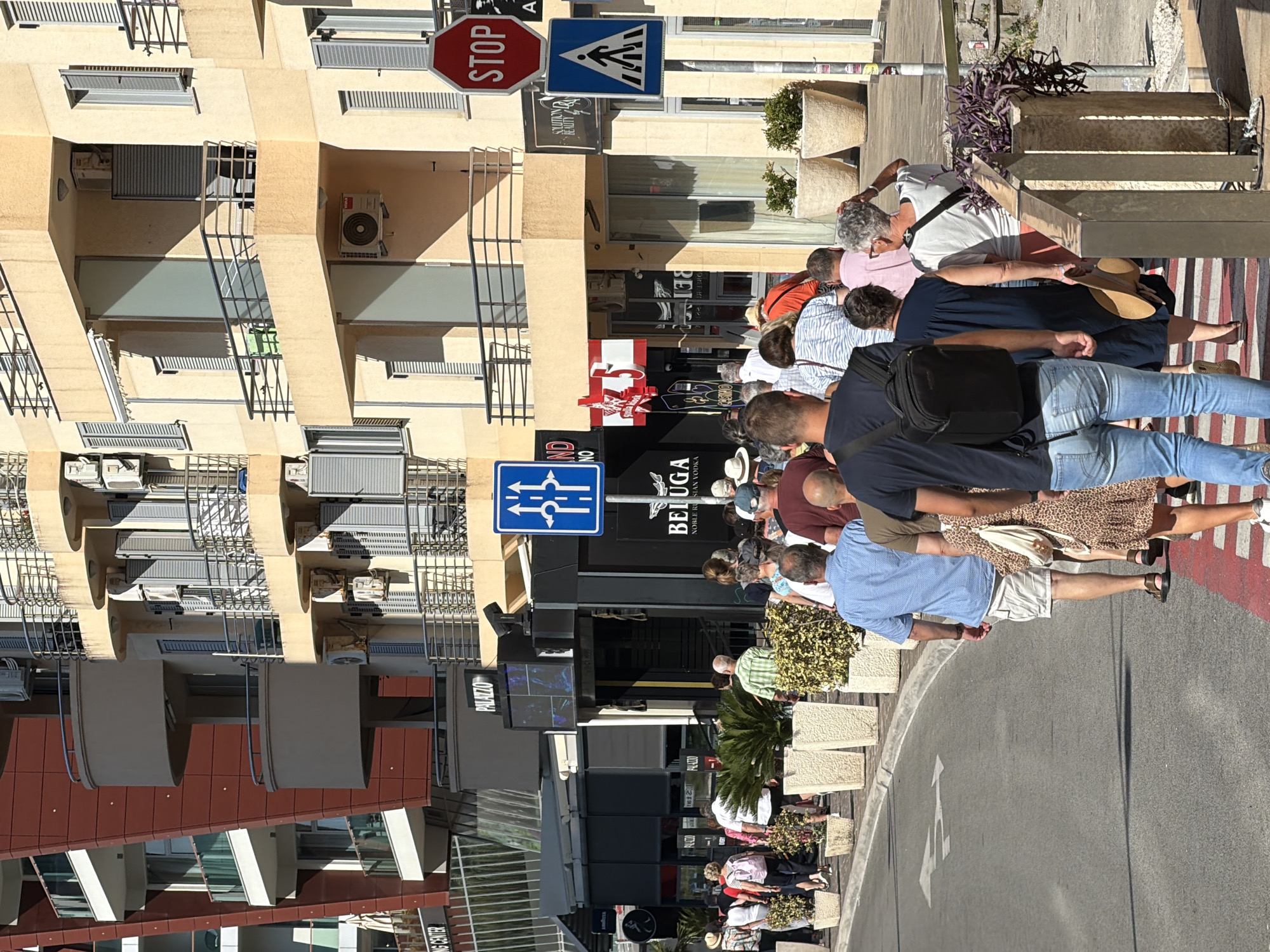 The image depicts a street scene in Budva, Montenegro, likely during daytime. A group of people, appearing to be tourists, are walking on a sidewalk next to a street. They are dressed in casual summer attire, with some carrying backpacks or bags. The buildings lining the street are modern, multi-story structures with balconies and air conditioning units. One building has a prominent sign reading "PALAZZO". There are also several commercial establishments visible, including a place with a "BELUGA NOBLE RUSSIAN VODKA" sign. Traffic signs, including a "STOP" sign and a pedestrian crossing sign, are present. Planters with vegetation are placed along the sidewalk. The overall atmosphere suggests a busy tourist area.