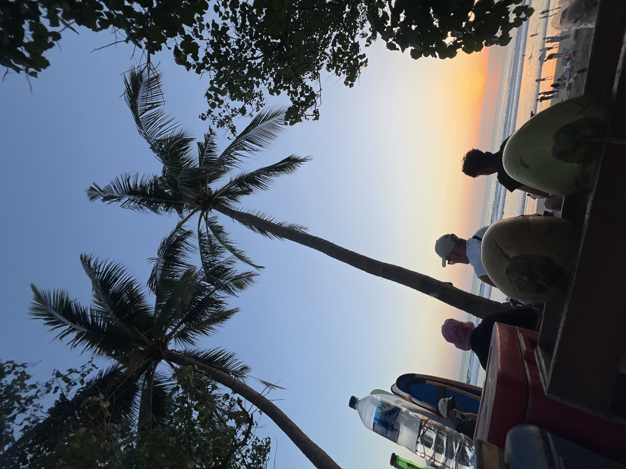This is a low-angle, medium shot of a beach scene in Kuta, Indonesia, during sunset. Two palm trees dominate the foreground, with their fronds silhouetted against a clear blue sky that transitions to a warm orange and yellow hue near the horizon. In the mid-ground, three people are seated, facing away from the camera, towards the ocean. The person on the left wears a pink head covering. The person in the middle wears a white cap and shirt. The person on the right wears a dark shirt. In front of them, on a wooden structure, are two coconuts and a large plastic bottle of water. The background shows a sandy beach with numerous people walking and playing in the shallow ocean waters. The setting sun casts a warm glow over the entire scene, creating a tranquil and picturesque atmosphere.
