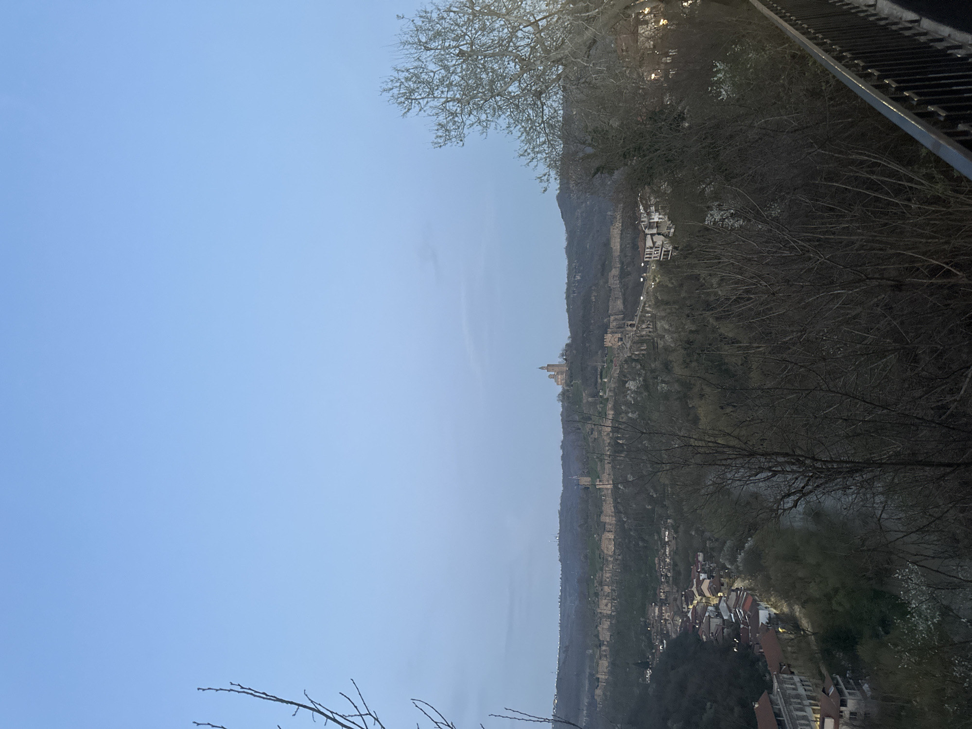The image depicts a landscape of Veliko Tarnovo, Bulgaria, under a clear blue sky. The medieval Tsarevets Fortress with its church is visible atop a hill in the distance. The city is nestled among rolling hills and valleys, with houses featuring red roofs clustered together. A river snakes through the bottom of the scene, partially obscured by trees. Bare tree branches frame the image at the top and bottom. A railing is visible on the top-right.