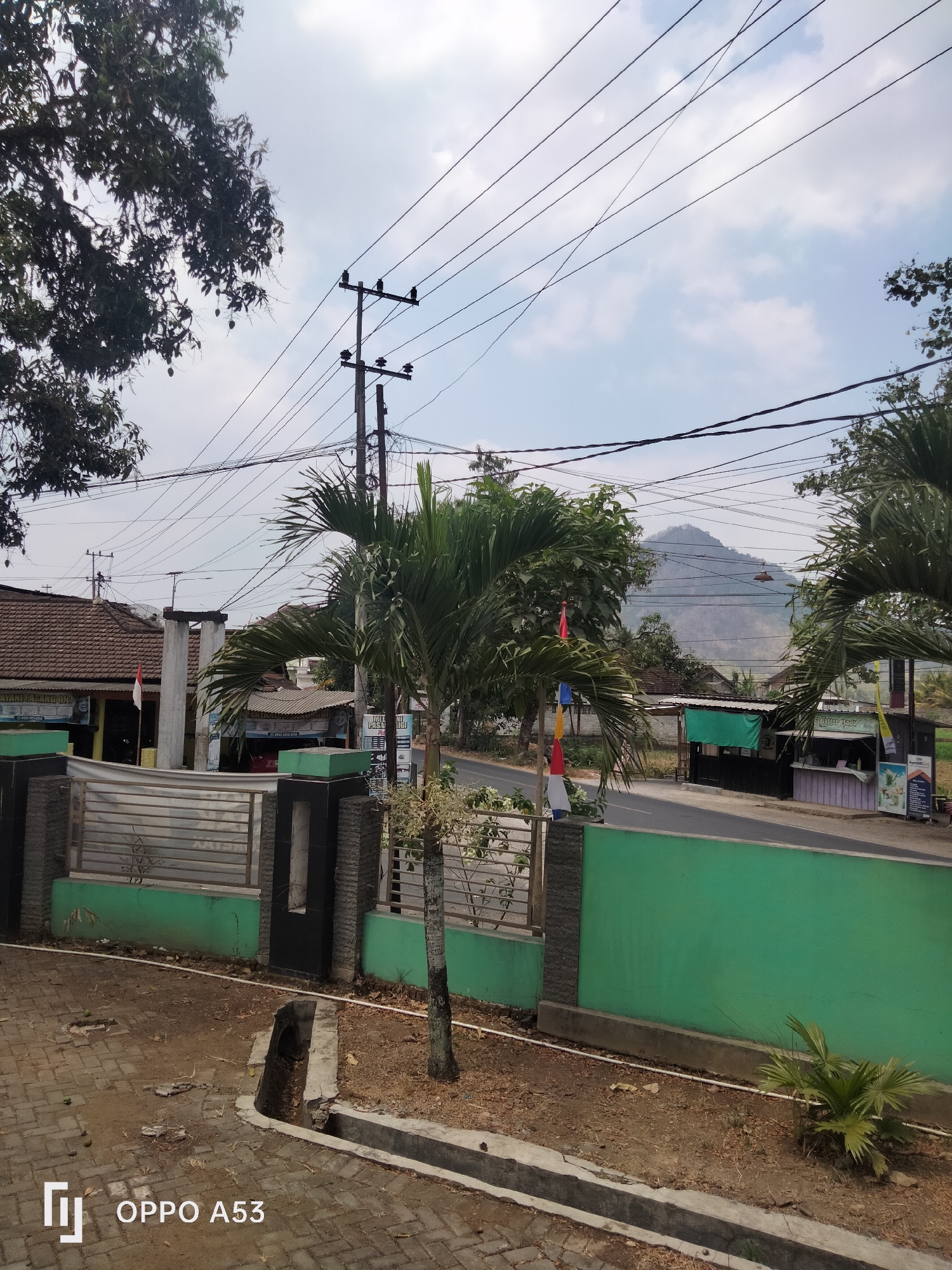This image depicts a street scene in Jati, Indonesia. The foreground shows a paved walkway with a drainage ditch and scattered debris. A low, green painted wall runs horizontally across the middle ground, with a fence and stone pillars in front of it. Beyond the wall, a road curves to the right. On the left side of the road, a building with a brown tiled roof and an Indonesian flag is visible. Several shops with awnings and signage are present along the street. Palm trees are interspersed throughout the scene. In the background, a hazy mountain looms under a cloudy sky, crisscrossed by numerous power lines supported by utility poles. The scene is daytime, with natural light illuminating the environment.