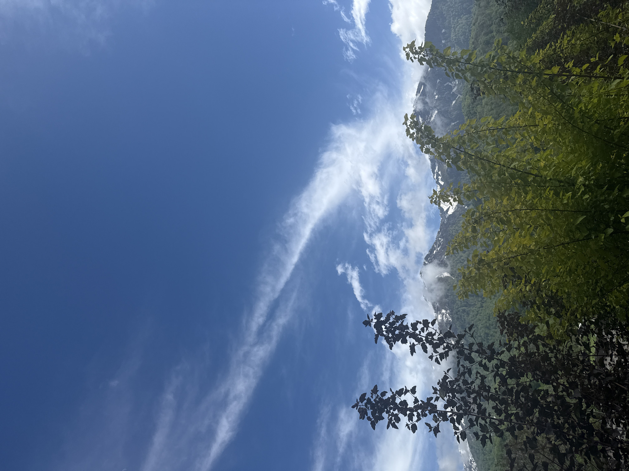 The image shows a view of the sky, mountains, and trees in Krasnaya Polyana, Russia. The sky is predominantly blue with wispy white clouds stretching across the frame. On the right side of the image, there is a mountain covered with green trees and patches of snow. Branches with leaves frame the mountain. The trees in the foreground are a mix of light green and darker shades.