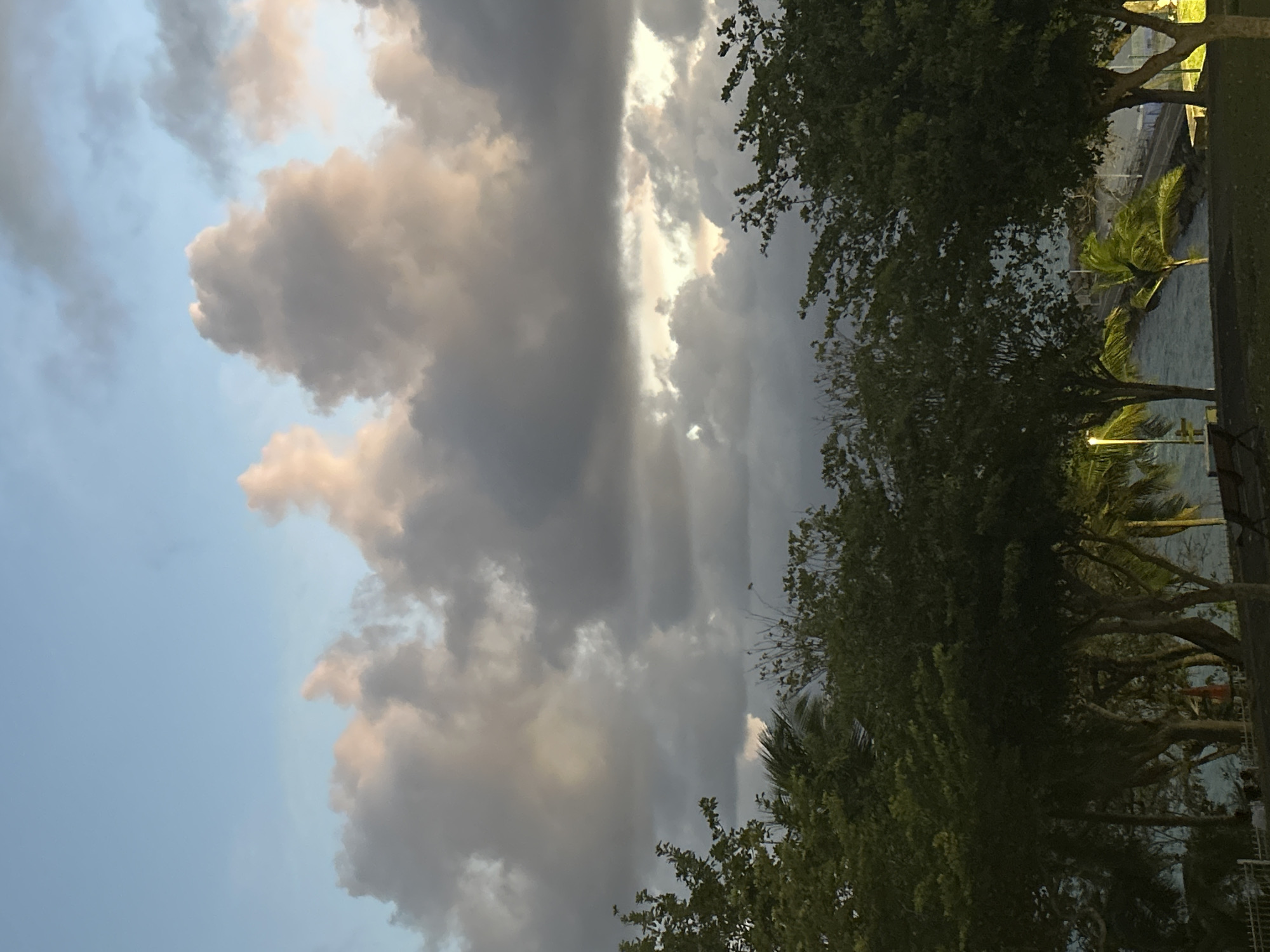 The image shows a landscape view of trees and a body of water, potentially a river or canal. On the right side of the image, there are trees with dense foliage, and in the gaps between the trees, the water can be seen. In the background, there is what appears to be a building or structure. The sky is dominated by clouds, with a mix of darker, stormy-looking clouds and patches of lighter, sunlit clouds. There is a distinct contrast between the dark clouds and the light shining through. The image appears to be taken during late afternoon or early evening, based on the quality of light. The image is captured in a natural outdoor environment. No people are visible in the image.