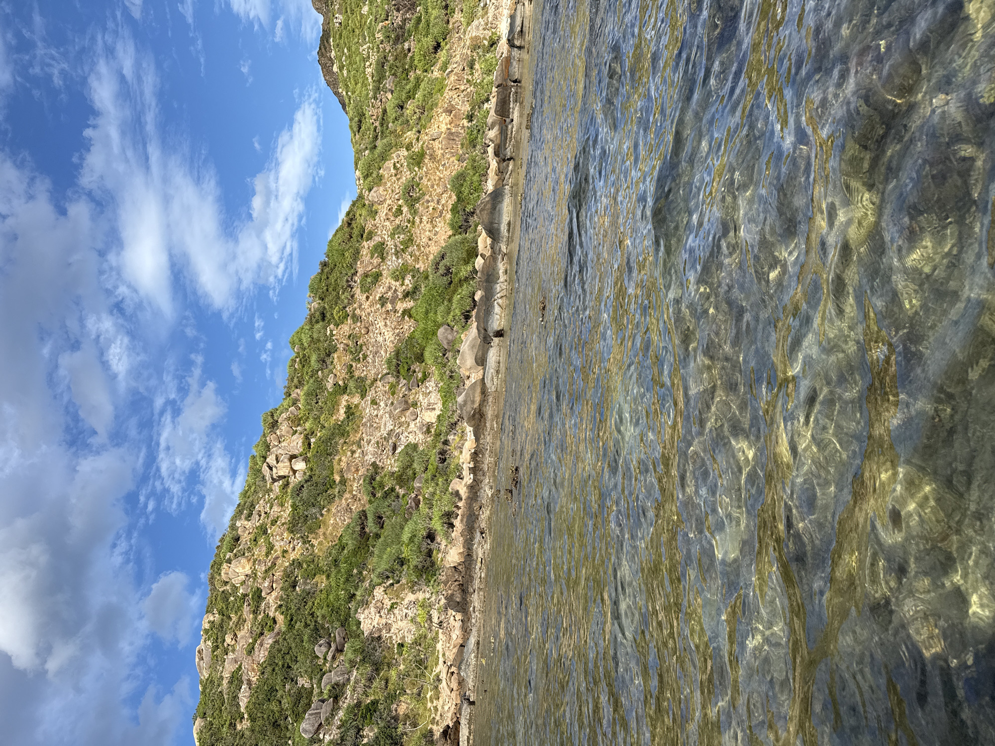 The image captures a coastal scene with a rocky, vegetated hillside meeting clear, shallow water. The hillside is covered in a mix of brown rocks and green scrubby vegetation. The water is transparent, allowing the rocky seabed to be visible through the ripples. The sky above is blue with scattered white clouds. The location is identified as Từ Nham, Vietnam.