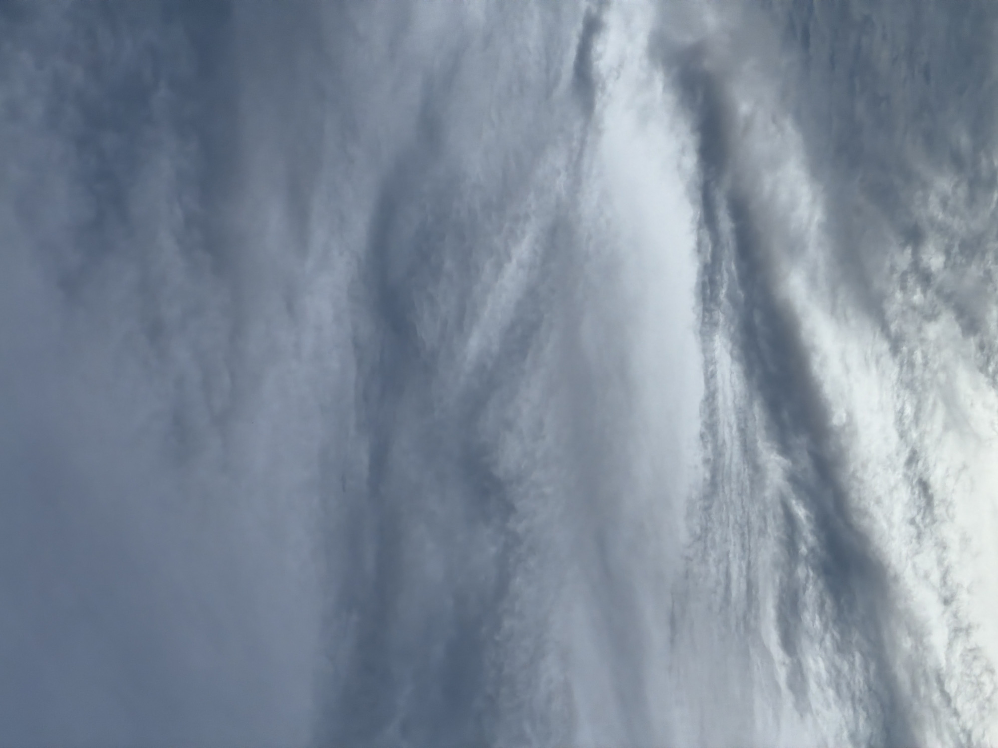 The image is a close-up, vertical shot of a cloudy sky with varying shades of gray and white. The clouds appear wispy and layered, with some areas denser than others, suggesting a dynamic atmospheric condition. The lighting is diffused, typical of an overcast day. There are no discernible landmarks, people, or man-made objects visible in the frame, making it impossible to determine a specific location, including Chaikovsky, Russia. The scene is entirely natural, focusing on the texture and patterns of the clouds.