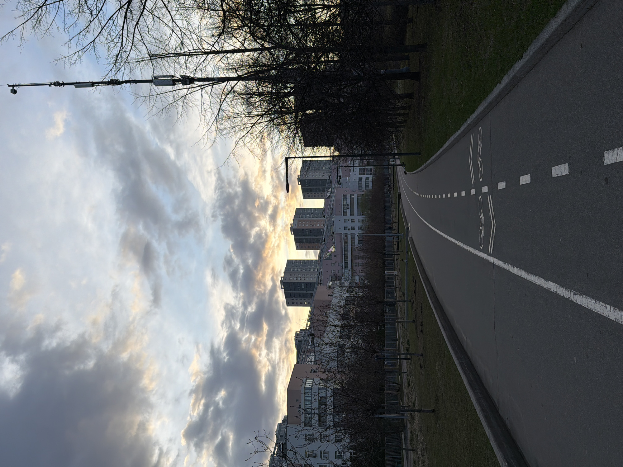 The image shows a bicycle path in Khimki, Russia, on an overcast day. The path is made of asphalt and has white lines marking the lane. A white line divides the path, and there are bicycle symbols painted on the surface. To the left of the path is a grassy area with trees. Behind the trees are buildings, including apartment blocks. Above the buildings is a cloudy sky with some patches of light. A utility pole with a camera or sensor is visible in the upper-left corner of the image.