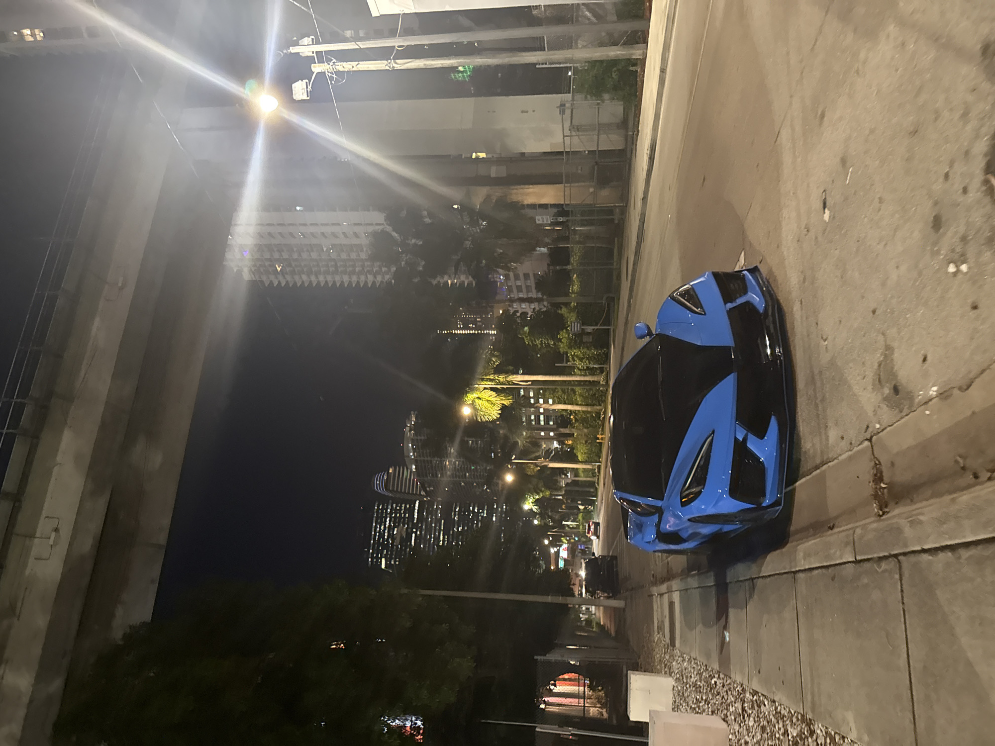 The image depicts a night scene in Miami, Florida. A blue and black sports car is parked on the right side of the road, near a sidewalk. The background showcases the city skyline, illuminated by numerous lights from buildings. A bridge or overpass structure looms on the left side of the image, and trees are visible. Streetlights provide further illumination to the scene.