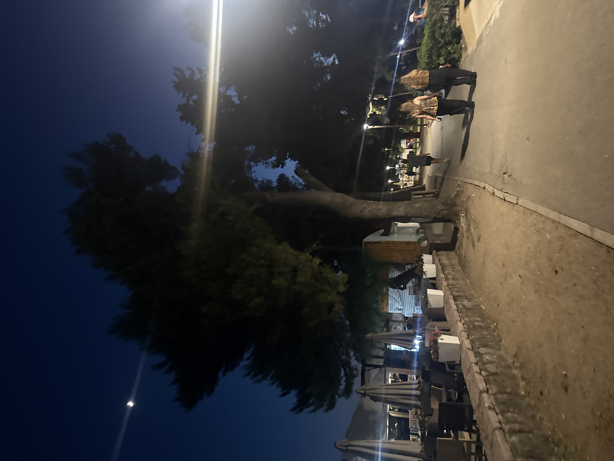 The image captures a nighttime scene along a promenade in Budva, Montenegro, with a focus on a large tree on the left side of the frame. The sky above is a deep blue, with a crescent moon visible in the upper left quadrant. The promenade is paved and appears to be a pedestrian walkway.
On the left side of the promenade, there is an outdoor seating area of what appears to be a restaurant or cafe. Tables and chairs are set up, and large umbrellas provide shade. A low stone wall separates this area from the promenade, and white planters with flowers are placed along the wall. In the background, there are structures that suggest buildings or more cafe seating, some with lights illuminating them.
Several people are walking along the promenade. Two women are prominent in the mid-right of the frame, walking away from the camera. They are both wearing casual clothing, with one in a patterned top and dark pants, and the other in a black outfit. Further down the promenade, other individuals can be seen walking in both directions.
The lighting in the scene suggests streetlights and lights from the establishments. A bright light source, possibly a streetlamp, is visible in the upper right corner, creating a lens flare effect. The overall atmosphere is that of a lively evening setting in a coastal town.