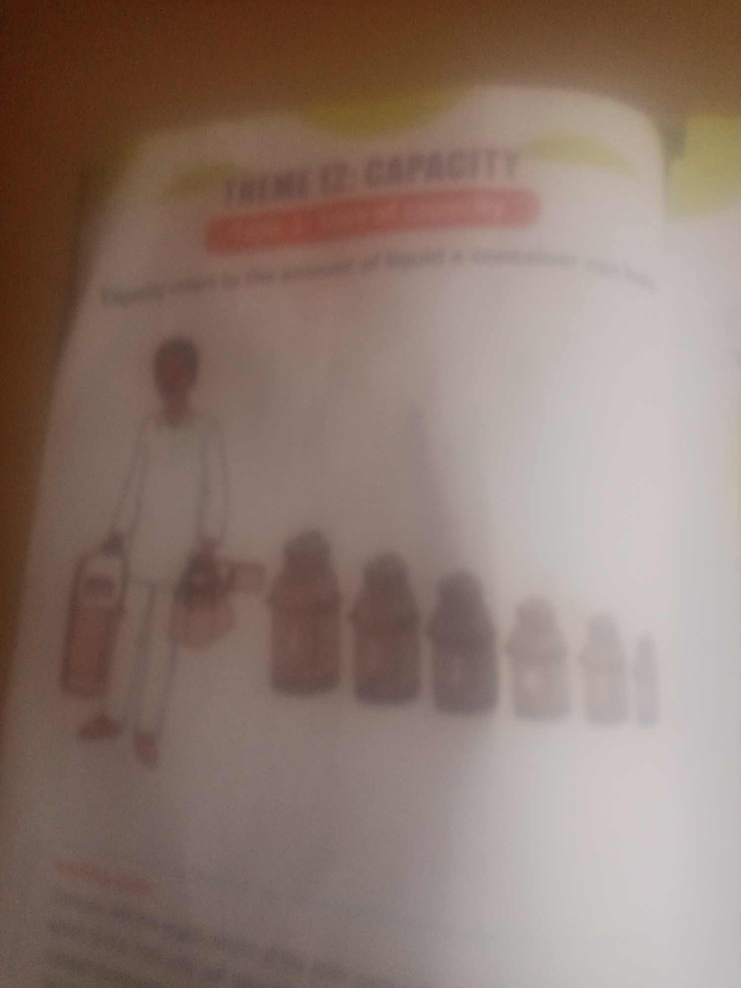 The image shows a page from a book or magazine. The page has text at the top that reads "THEME 12. CAPACITY". Below that, there is a sentence, which is partially legible, discussing the amount of liquid a container can hold. The lower portion of the page features an illustration of a person standing next to several containers of varying sizes. The person appears to be holding a bucket and is dressed in light-colored clothing. The containers are arranged in a row and range from a large bucket on the left to smaller containers on the right, implying a comparison of volumes. The background of the illustration is a solid light color. There are no contextual clues indicating a specific city or location.