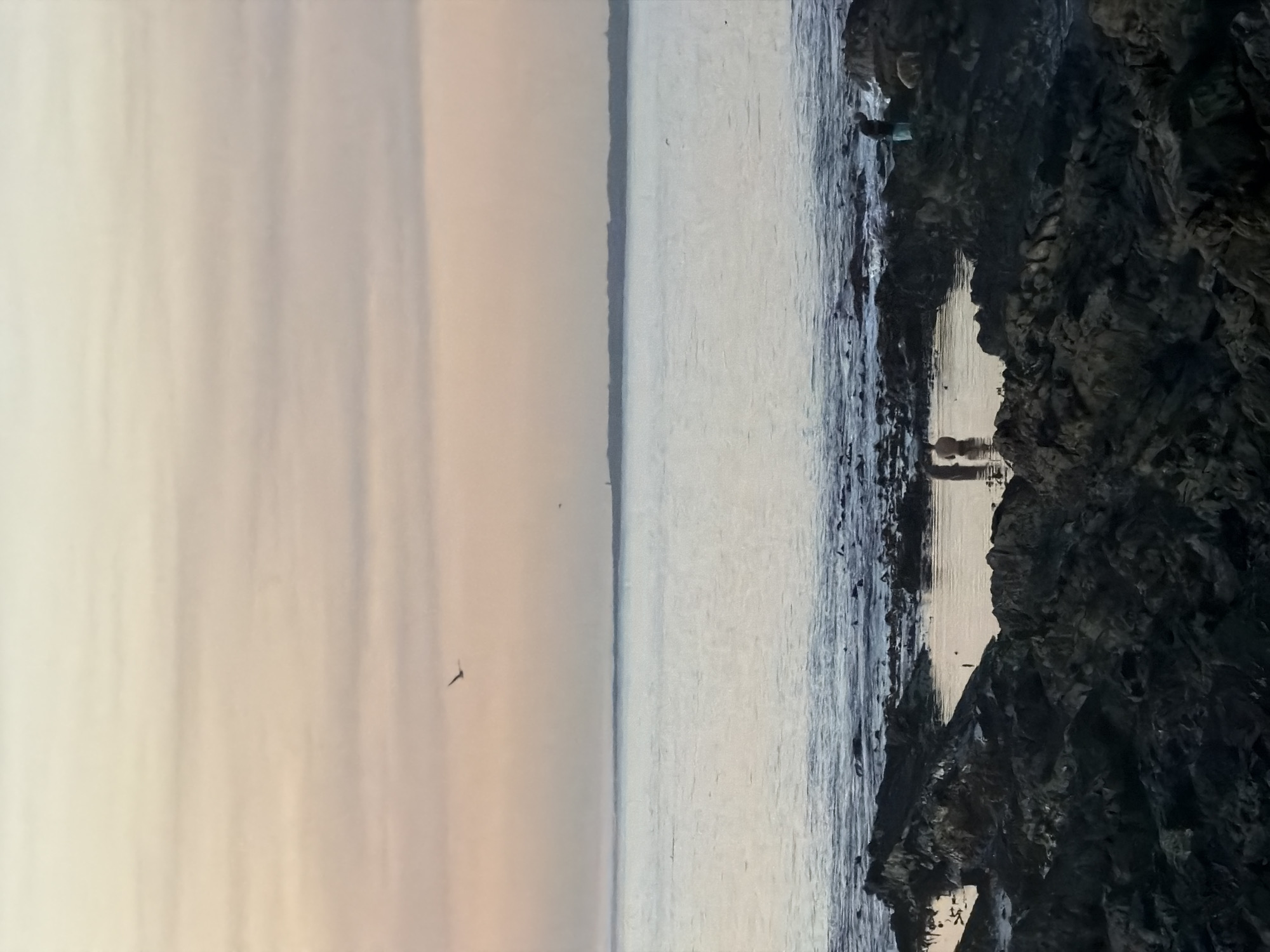 The image depicts a coastal scene, possibly at sunset or sunrise, near Cape Town, South Africa. The foreground features dark, rocky cliffs with a small opening reflecting the water. The sea stretches towards the horizon, appearing calm with a slight sheen. The sky is overcast, transitioning from a pale pink or orange hue near the horizon to a lighter gray. A few birds are visible in flight. The location suggests a rocky coastal area around Cape Town, likely along the Atlantic seaboard. No people or interactions are clearly visible.